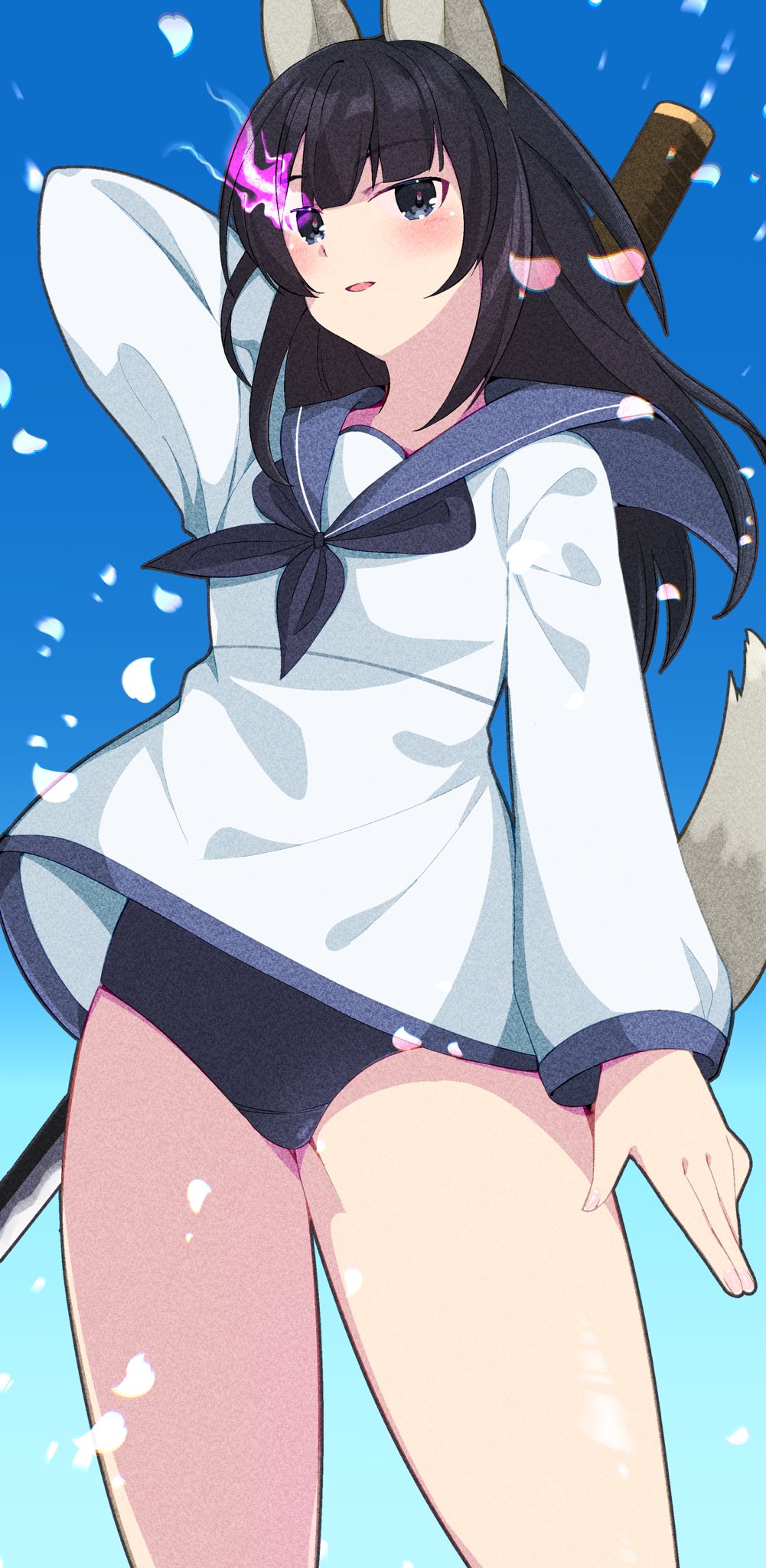 oi tie, agatsuma kaede, alice gear aegis, commentary request, highres, 1girl, arm up, black leotard, black neckerchief, blue sailor collar, blush, breasts, holding, holding behind back, holding sword, holding sword behind back, holding weapon, holding weapon behind back, leotard, leotard under clothes, long hair, long sleeves, looking at viewer, neckerchief, no pants, sailor collar, sailor shirt, shirt, solo, standing, sword, tail, thighs, weapon, white shirt