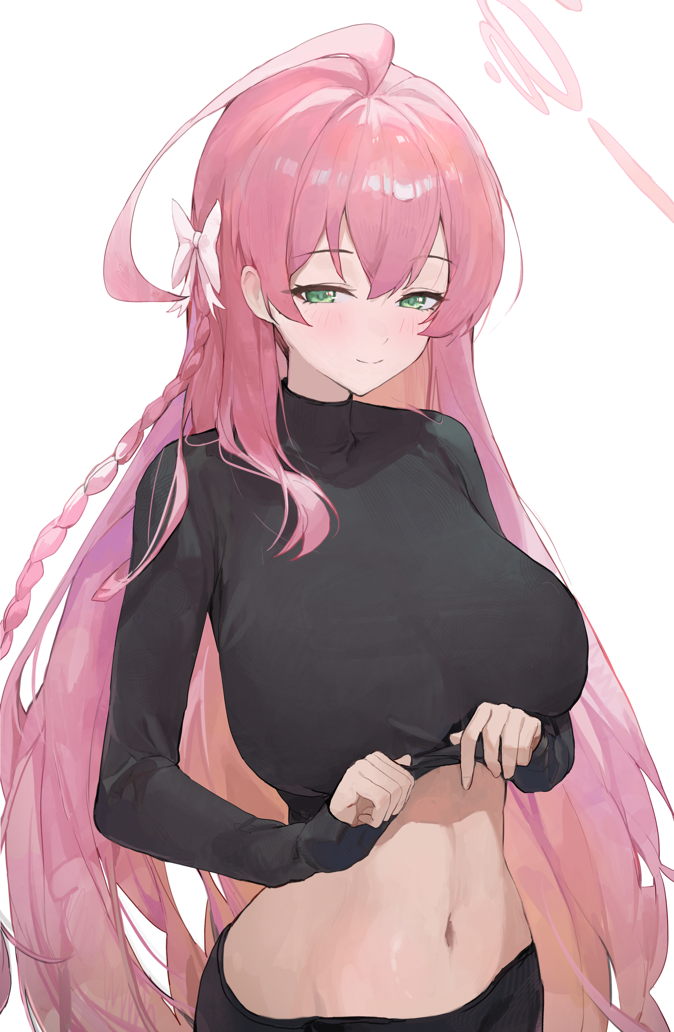 jianjia, hanako (blue archive), blue archive, absurdres, commentary request, highres, 1girl, ahoge, alternate costume, bow, braid, breasts, closed mouth, clothes lift, green eyes, hair between eyes, hair bow, halo, large breasts, long hair, long sleeves, looking at viewer, navel, pink halo, shirt, shirt lift, single braid, smile, solo, turtleneck, turtleneck shirt, very long hair, white bow