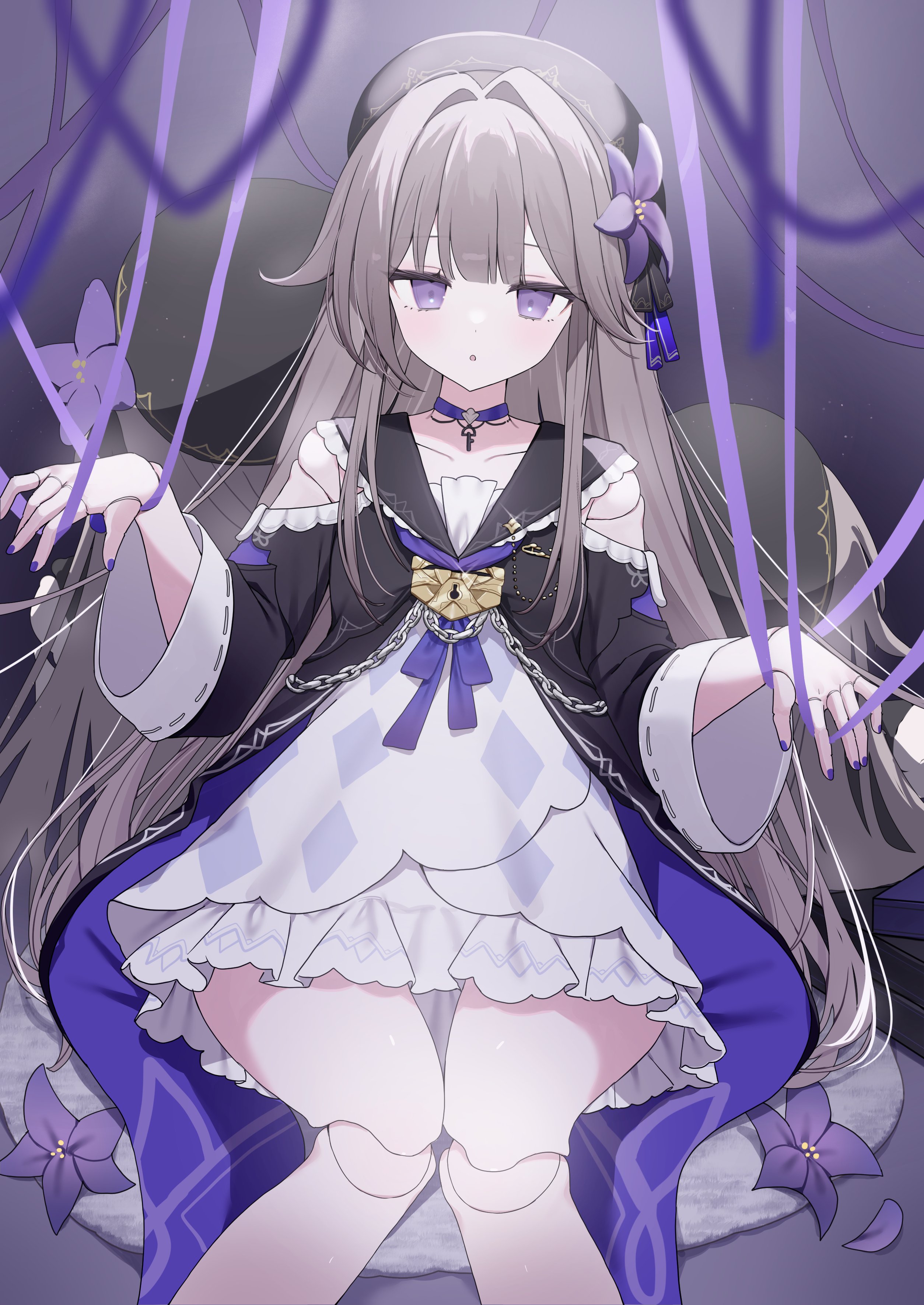 kohaku sogo, herta (honkai: star rail), herta (puppet) (honkai: star rail), honkai: star rail, honkai (series), absurdres, commentary, highres, 1girl, beret, blunt bangs, brown hair, chain, choker, clothing cutout, doll joints, dress, flower, frills, hat, joints, keyhole, long hair, nail polish, purple eyes, ribbon, shoulder cutout, sidelocks, very long hair