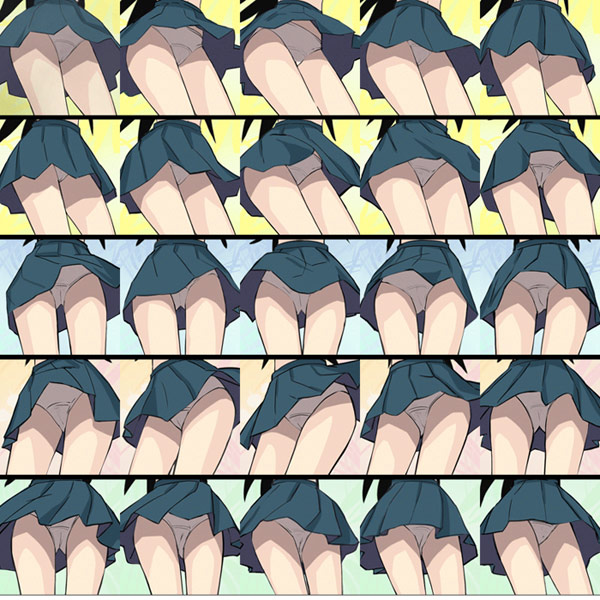 haruyama kazunori, kitsu chiri, sayonara zetsubou sensei, 00s, 1girl, black hair, legs, long hair, multiple views, panties, pantyshot, skirt, underwear, upskirt, white panties