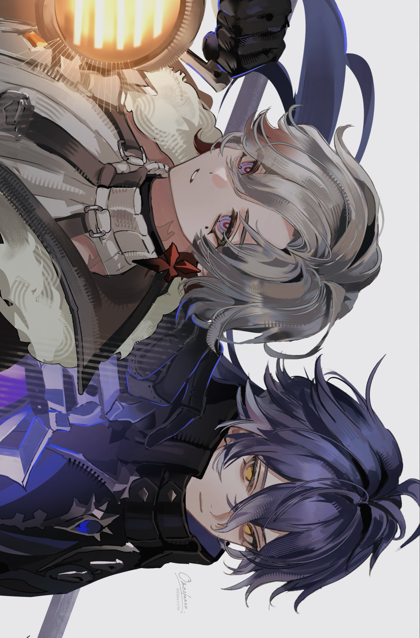 omces96, flins (genshin impact), illuga (genshin impact), genshin impact, highres, 2boys, antenna hair, artist name, black capelet, black coat, black gloves, blue eyes, blue hair, capelet, chest harness, closed mouth, coat, collared capelet, crossed bangs, earrings, gloves, gradient hair, grey hair, hair between eyes, hand up, harness, holding, holding lantern, jewelry, lantern, long hair, looking at viewer, male focus, mole, mole under eye, multicolored hair, multiple boys, off shoulder, open clothes, open coat, parted bangs, parted lips, red hair, red pupils, ribbed sweater, scar, scar on neck, scar on shoulder, sideways, signature, simple background, sleeveless, sleeveless sweater, sweater, turtleneck, turtleneck sweater, twitter username, upper body, white background, white sweater, yellow eyes