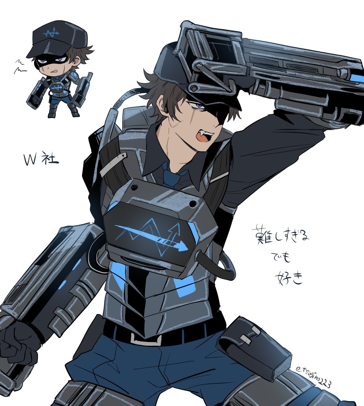 heathcliff (project moon), limbus company, project moon, commentary request, highres, 1boy, armor, belt, black armor, black belt, black shirt, blue necktie, blue pants, brown hair, collared shirt, cowboy shot, necktie, pants, purple eyes, science fiction, shirt, simple background, solo, tsugino223, w corp. (identity) (project moon), white background