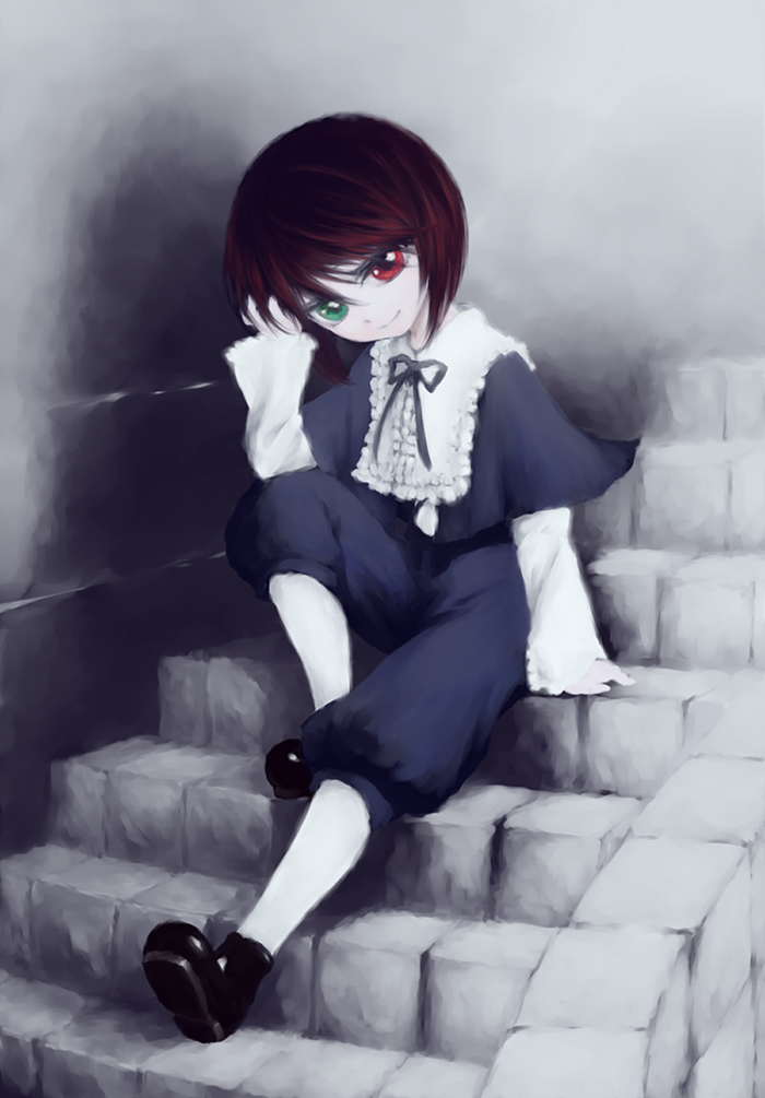 iseki (kuroshura no tabiji), iseki (otameshi), souseiseki, rozen maiden, bad id, bad pixiv id, 00s, 1girl, brown hair, female focus, heterochromia, pantyhose, short hair, solo