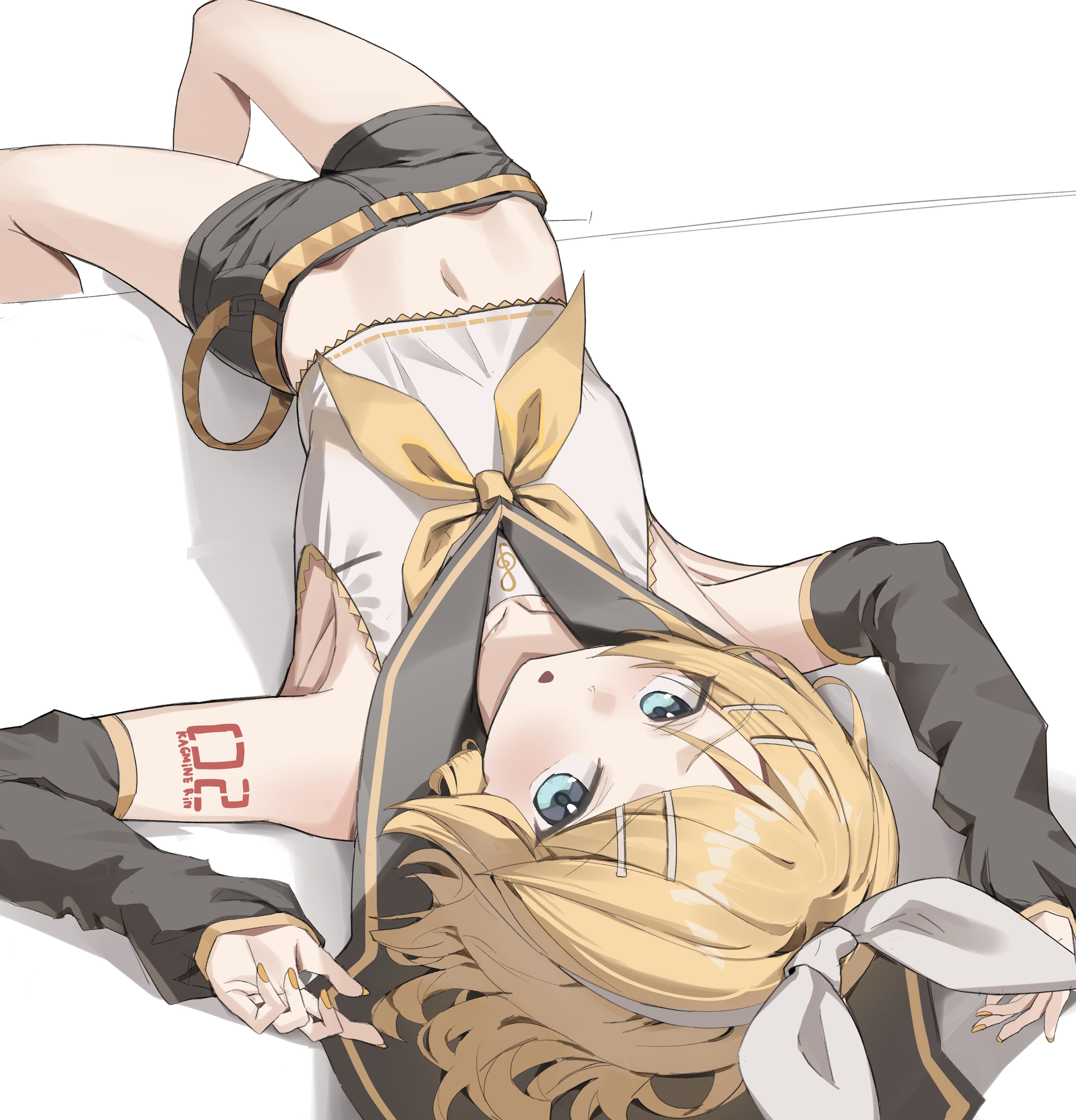 scarlet (wv0102), kagamine rin, vocaloid, absurdres, commentary, english commentary, highres, 1girl, aqua eyes, arm tattoo, bare shoulders, belt, black shorts, black sleeves, blonde hair, bow, bow hairband, collarbone, cropped shirt, detached sleeves, grey sailor collar, hair bow, hair ornament, hairband, hairpin, looking at viewer, loose belt, midriff, navel, neckerchief, number tattoo, sailor collar, shirt, short hair, short shorts, shorts, sleeveless, sleeveless shirt, stomach, swept bangs, tattoo, white bow, white hairband, white shirt, yellow belt, yellow nails, yellow neckerchief, yellow trim
