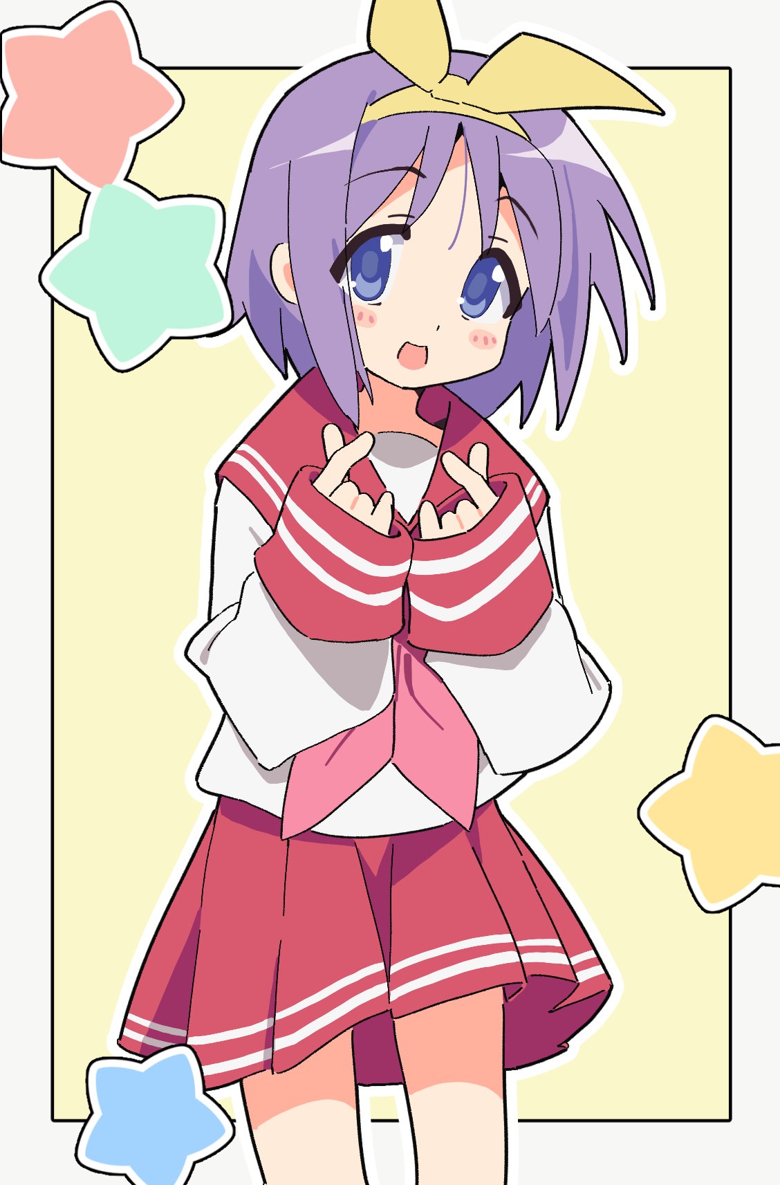 noyama takenoko, hiiragi tsukasa, lucky star, commentary request, highres, 1girl, blue eyes, double finger heart, feet out of frame, finger heart, long sleeves, neckerchief, pink neckerchief, pleated skirt, purple hair, red sailor collar, red skirt, sailor collar, sailor shirt, school uniform, serafuku, shirt, short hair, skirt, solo, start, white shirt