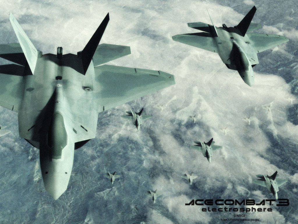 f-22, ace combat, ace combat 3, jet, official art, official wallpaper, aircraft, airplane, flying, formation