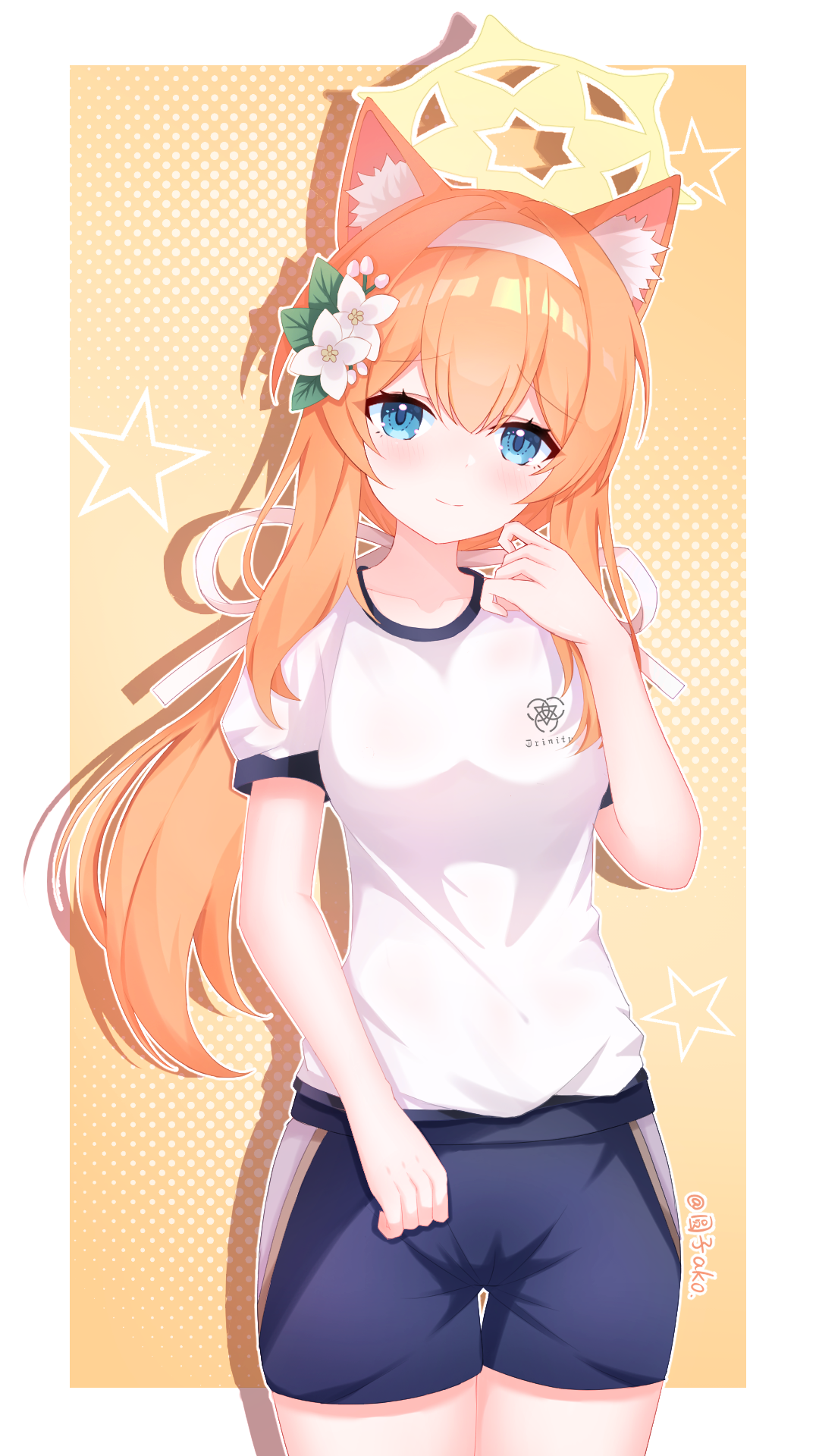 mari (blue archive), mari (track) (blue archive), blue archive, commentary request, highres, 1girl, animal ear fluff, animal ears, black shorts, blue eyes, breasts, cat ears, closed mouth, flower, gym shorts, gym uniform, hair between eyes, hair flower, hair ornament, long hair, official alternate costume, orange hair, shirt, short sleeves, shorts, smile, solo, white shirt, yuanzi ako