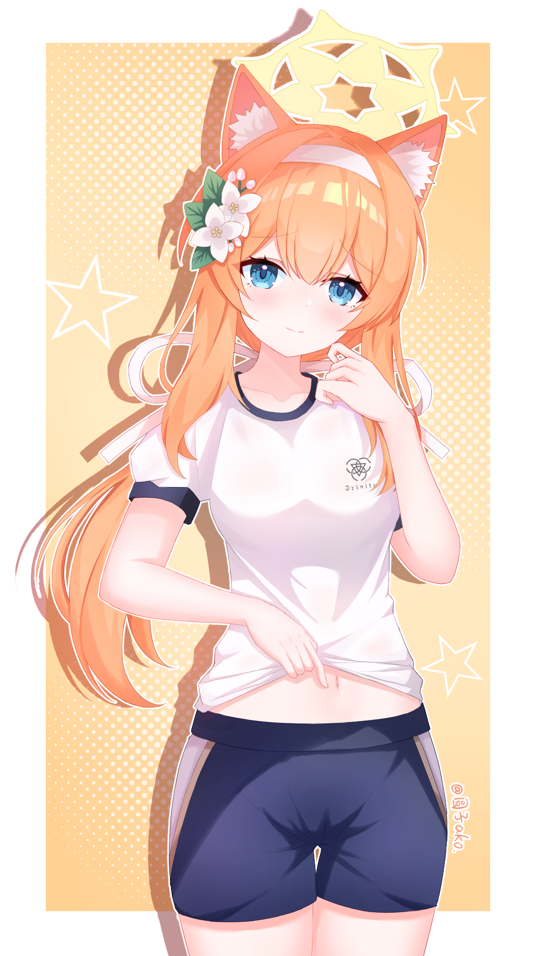 mari (blue archive), mari (track) (blue archive), blue archive, commentary request, highres, 1girl, animal ear fluff, animal ears, black shorts, blue eyes, breasts, cat ears, closed mouth, clothes lift, flower, gym shorts, gym uniform, hair between eyes, hair flower, hair ornament, long hair, midriff, navel, official alternate costume, open clothes, open shirt, orange hair, shirt, shirt lift, short sleeves, shorts, smile, solo, stomach, white shirt, yuanzi ako