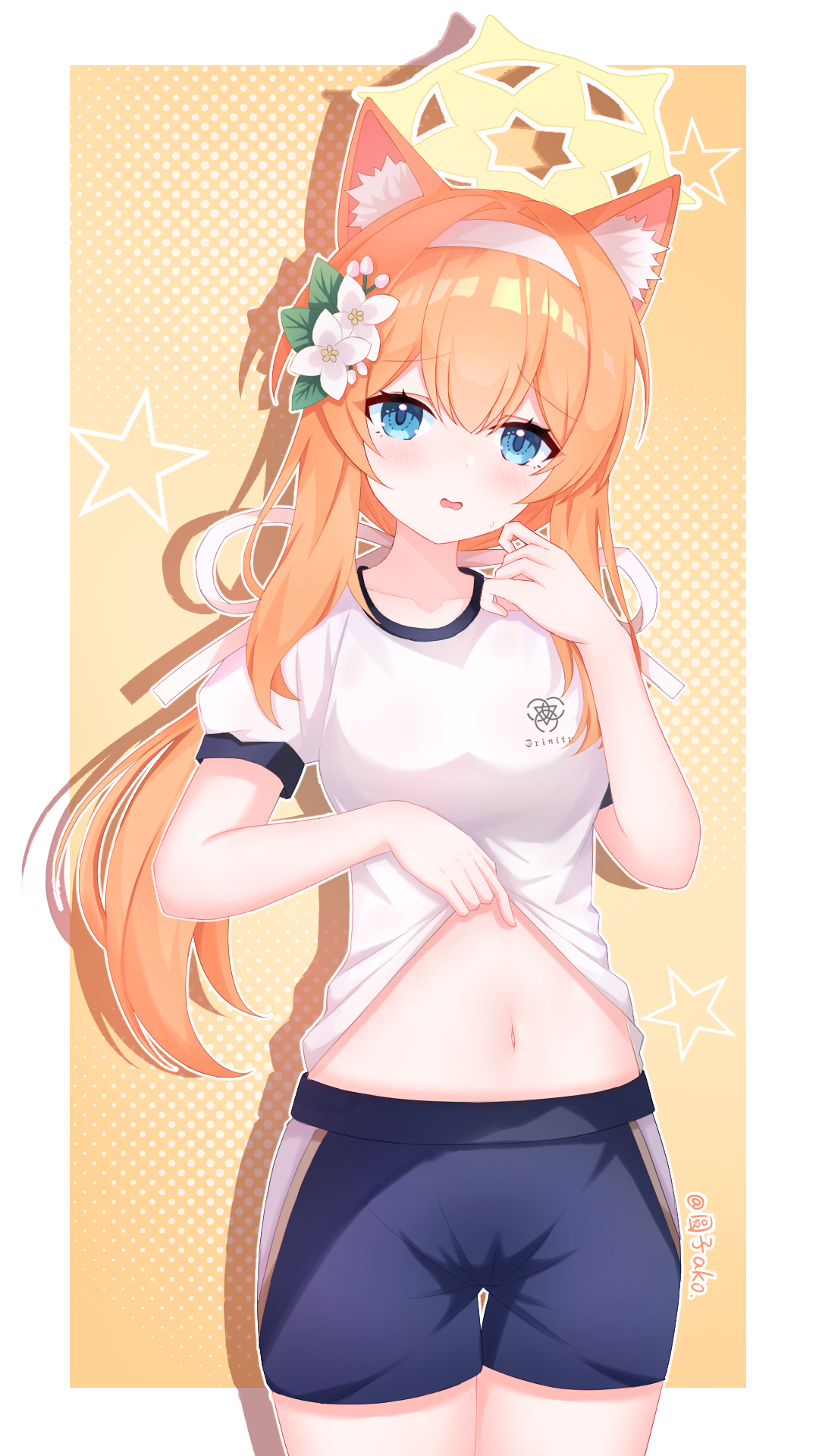 mari (blue archive), mari (track) (blue archive), blue archive, commentary request, highres, 1girl, animal ear fluff, animal ears, black shorts, blue eyes, breasts, cat ears, clothes lift, flower, gym shorts, gym uniform, hair between eyes, hair flower, hair ornament, long hair, midriff, navel, official alternate costume, open clothes, open mouth, open shirt, orange hair, shirt, shirt lift, short sleeves, shorts, solo, stomach, white shirt, yuanzi ako