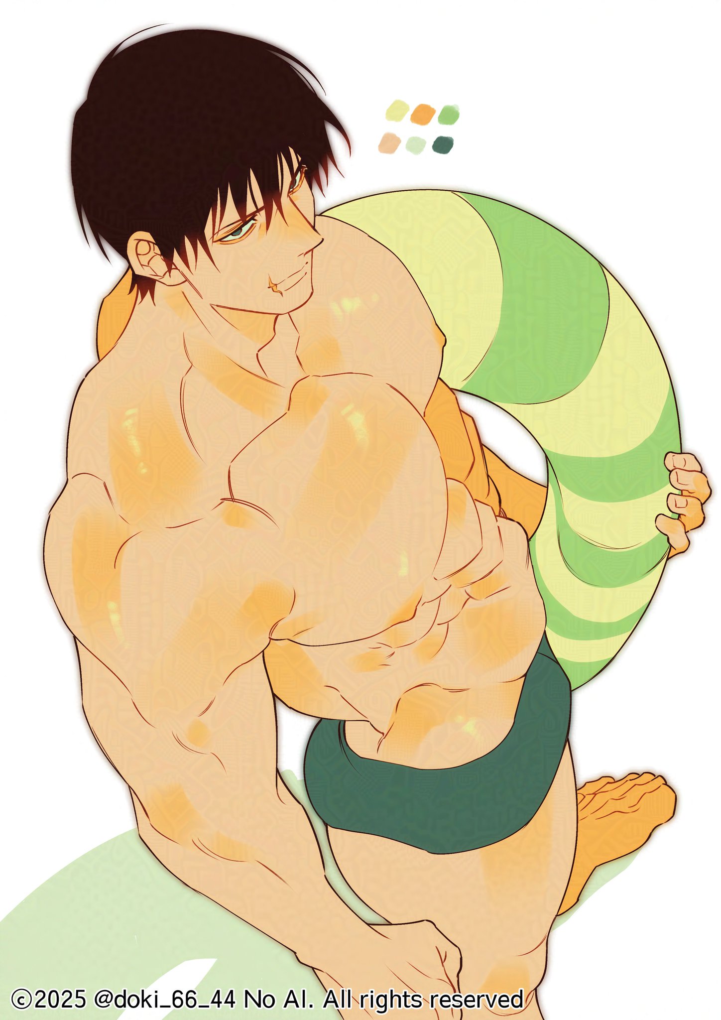 doki (doki 66 44), fushiguro touji, jujutsu kaisen, commentary request, highres, object request, 1boy, 2025, abs, bara, barefoot, black hair, color guide, copyright notice, green eyes, green male swimwear, holding, large pectorals, male focus, male swimwear, muscular, muscular male, pectorals, short hair, solo, thighs, white background