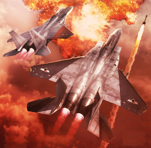 cipher (ace combat), f-15, larry foulke, ace combat, ace combat zero, jet, official art, aerial battle, aircraft, airplane, battle, dogfight, flying, missile