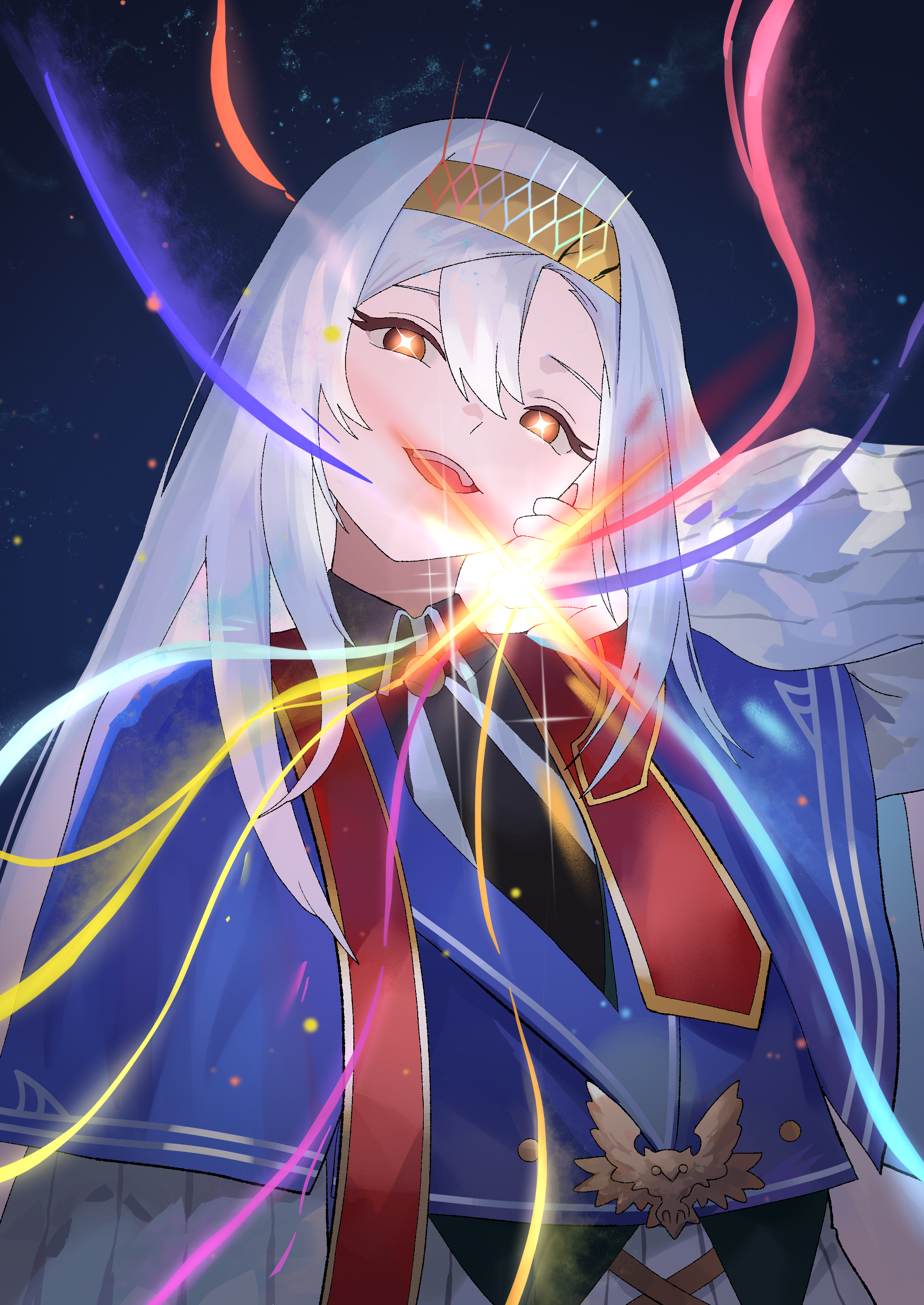 nbee ya, artmage finmel, yu-gi-oh!, absurdres, commentary, commission, highres, 1girl, artmage non finito, black shirt, brown eyes, collared shirt, duel monster, hair between eyes, hairband, hand up, long sleeves, looking at viewer, open mouth, shirt, solo, sparkling eyes, teeth, upper body, upper teeth only, white hair, yellow hairband