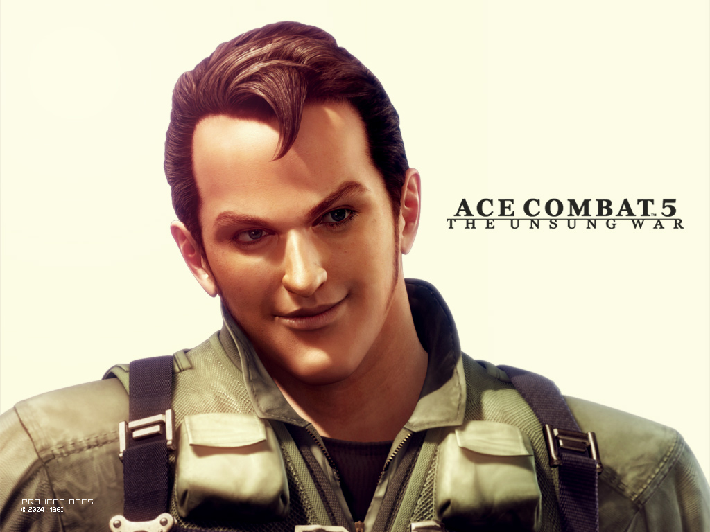 alvin h davenport, ace combat, ace combat 5, namco, pilot suit, official art, official wallpaper, 1boy, brown hair, green eyes, jumpsuit, lips, male focus, pilot, realistic, simple background, smile, solo, upper body, zipper