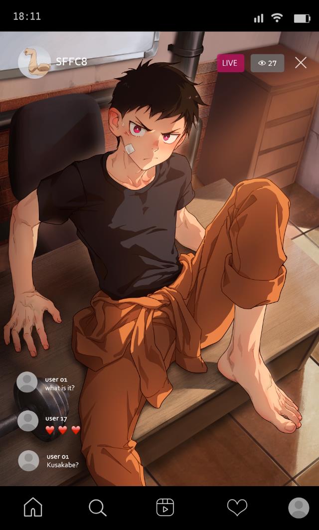 beitemian, shinra kusakabe, en'en no shouboutai, commentary, english commentary, 1boy, bandaid, bandaid on cheek, bandaid on face, barefoot, black hair, black shirt, fake screenshot, feet, fingernails, indoors, livestream, looking at viewer, male focus, orange pants, pants, pink eyes, shirt, short hair, short sleeves, solo, spread legs, t-shirt, v-shaped eyebrows