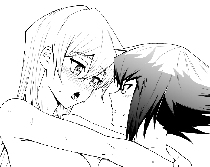 rourou ill, tenjouin asuka, yuki judai, yu-gi-oh!, yu-gi-oh! gx, paid reward available, 1girl, blonde hair, blush, breasts, brown eyes, brown hair, collarbone, hair between eyes, implied sex, large breasts, long hair, medium breasts, simple background, straight hair, white background