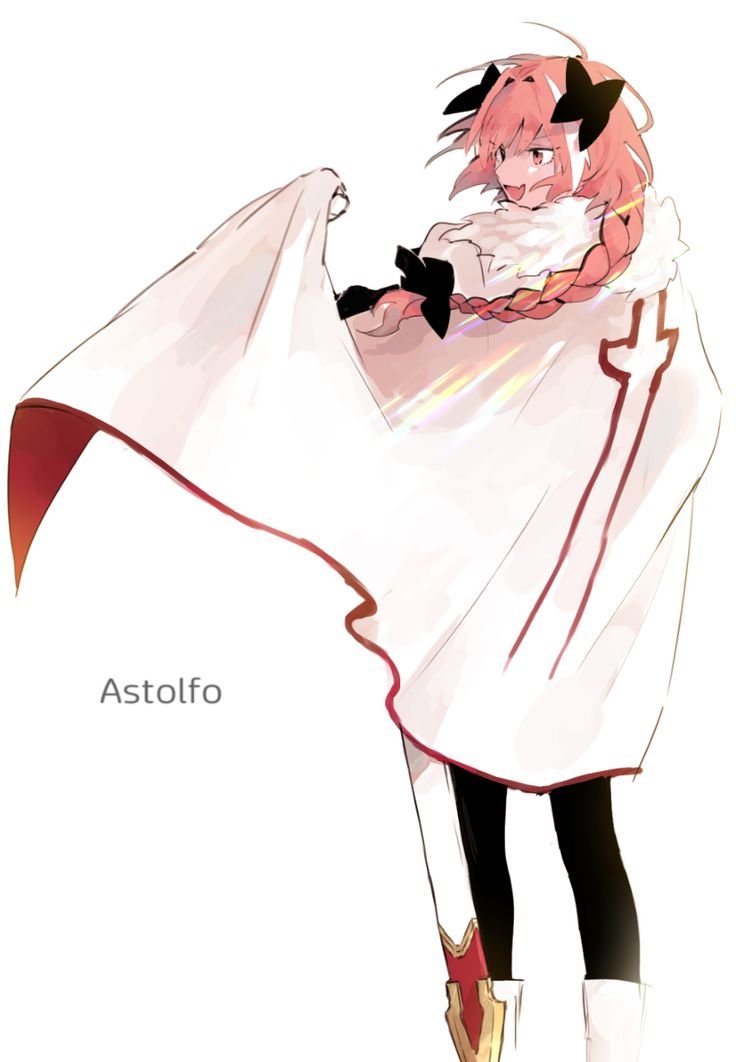 astolfo (fate), fate/apocrypha, fate (series), archived source, 1boy, androgynous, black bow, black thighhighs, boots, bow, braid, cape, cape lift, character name, fang, feet out of frame, fur-trimmed cape, fur trim, hair bow, hair intakes, long hair, male focus, multicolored hair, open mouth, pink hair, purple eyes, scabbard, sheath, simple background, single braid, skin fang, smile, solo, streaked hair, thighhighs, two-sided cape, two-sided fabric, white background, white boots, white cape, white hair, zano (onsk 57)