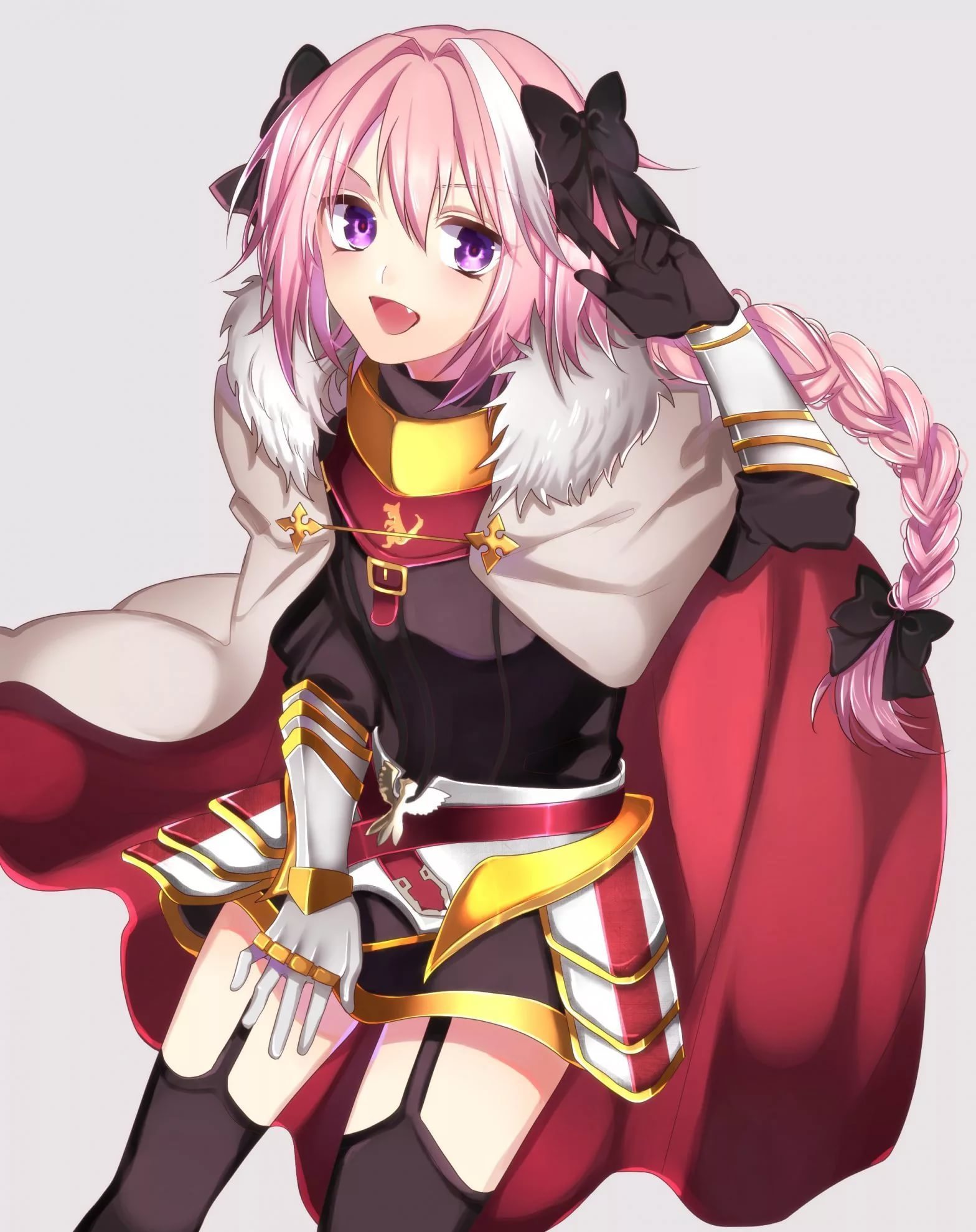 satoko (nasupon95919), astolfo (fate), fate/apocrypha, fate (series), archived source, bad id, highres, 1boy, androgynous, armored skirt, black bow, black garter straps, black gloves, black sweater, black thighhighs, boots, bow, braid, cape, cowboy shot, fang, fur-trimmed cape, fur trim, garter straps, gauntlets, gloves, gorget, hair bow, hair intakes, horn (instrument), juliet sleeves, long hair, long sleeves, male focus, multicolored hair, open mouth, pink hair, puffy sleeves, purple eyes, riding boots, scabbard, sheath, sheathed, simple background, single braid, skin fang, smile, solo, spurs, streaked hair, sweater, sword, thighhighs, two-sided cape, two-sided fabric, v, weapon, white boots, white cape, white hair, zettai ryouiki