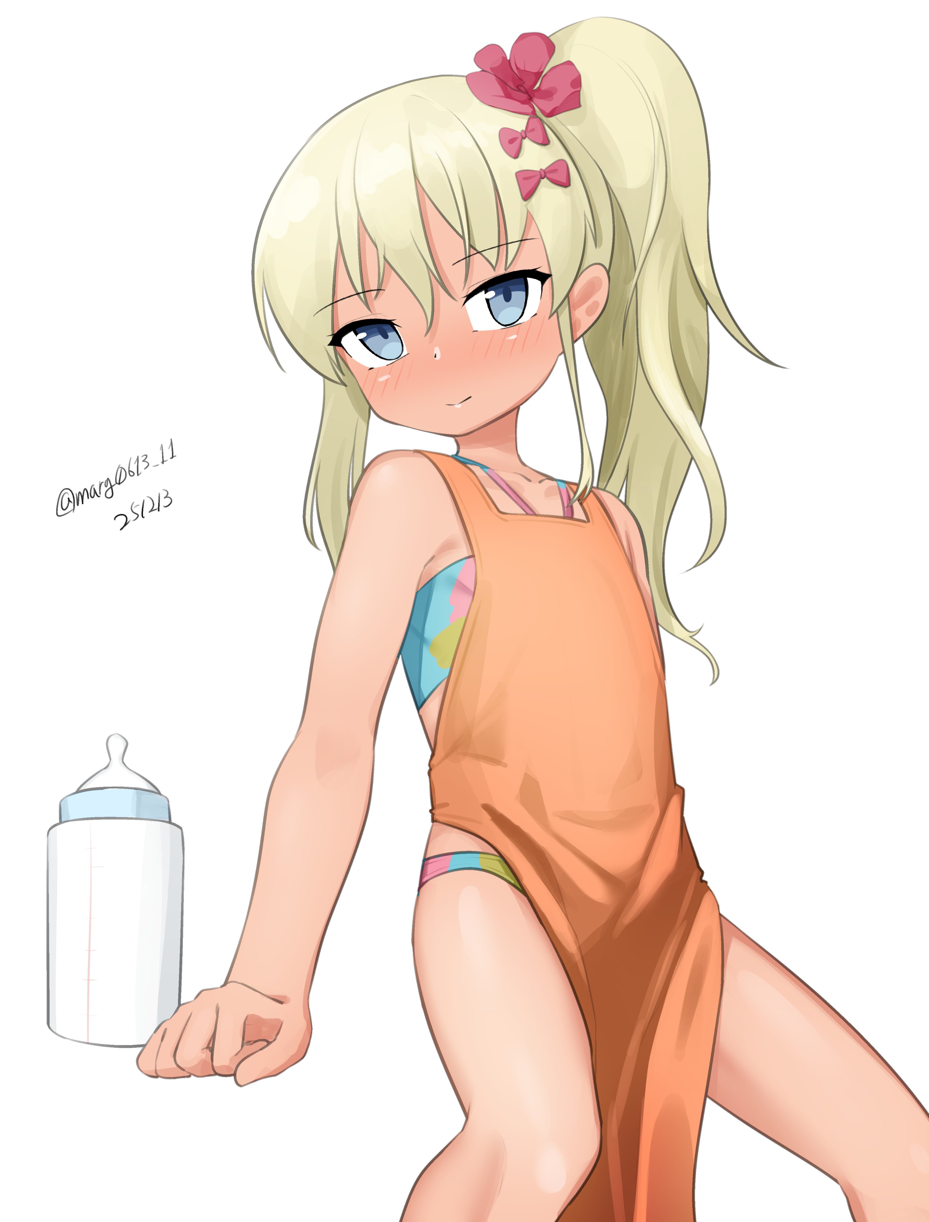 maru (marg0613), grecale (kancolle), grecale (swimsuit) (kancolle), kantai collection, absurdres, commentary request, highres, 1girl, apron, baby bottle, bikini, blonde hair, blue bikini, blue eyes, bottle, dated, feet out of frame, flower, hair flower, hair ornament, hairclip, halterneck, long hair, multicolored bandeau, multicolored bikini, one-hour drawing challenge, orange apron, side ponytail, simple background, solo, swimsuit, twitter username, white background