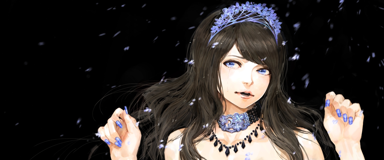 v8, original, 1girl, black hair, blue eyes, female focus, hairband, jewelry, long hair, necklace, simple background, snow, solo, tears