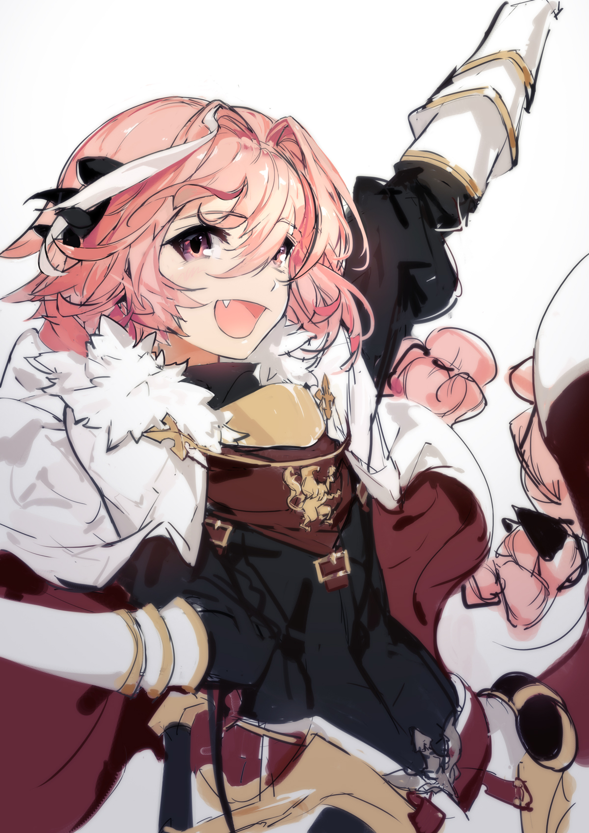 rabbit (tukenitian), astolfo (fate), fate/apocrypha, fate (series), archived source, commentary request, highres, 1boy, androgynous, armored skirt, black bow, black sweater, bow, braid, cape, fang, fur-trimmed cape, fur trim, gauntlets, gorget, hair bow, hair intakes, horn (instrument), juliet sleeves, long hair, long sleeves, male focus, multicolored hair, open mouth, pink hair, puffy sleeves, purple eyes, single braid, smile, solo, streaked hair, sweater, trap, two-sided cape, two-sided fabric, white cape, white hair