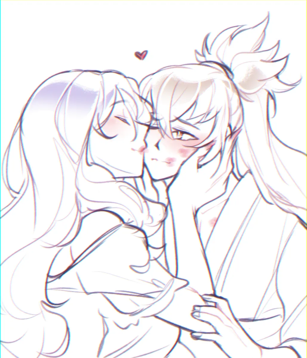 nams schmellows, camilla (fire emblem), takumi (fire emblem), fire emblem, fire emblem fates, nintendo, 1boy, 1girl, alternate costume, chignon, closed mouth, grey hair, hand on another's face, heart, kiss, lipstick mark, long hair, older female and younger male, one eye closed, orange eyes, purple hair, simple background, wavy hair