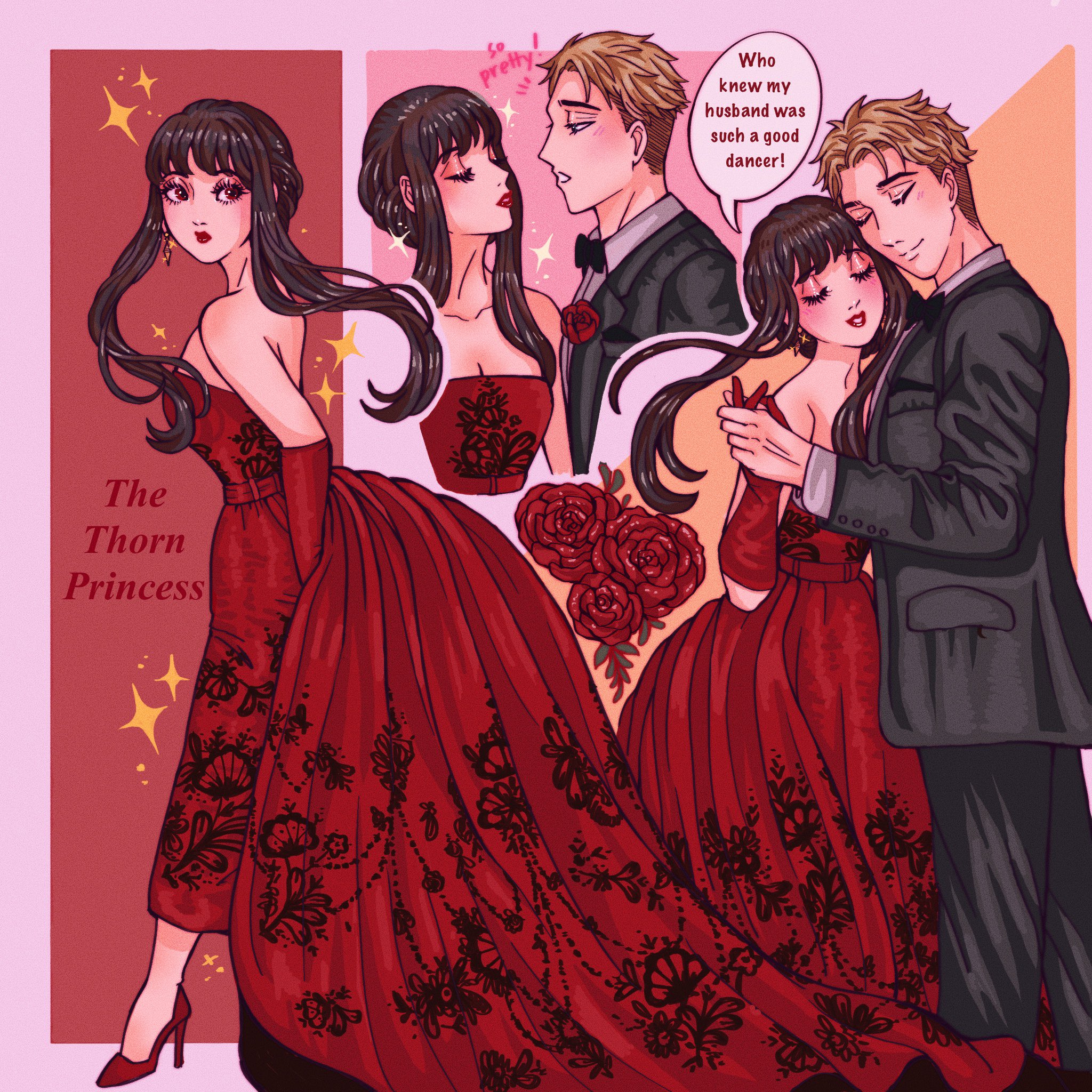 twilight (spy x family), yor briar, spy x family, commentary, english commentary, highres, 1boy, 1girl, black hair, blonde hair, blunt bangs, blush, bow, bowtie, closed eyes, dress, elbow gloves, english text, eyelashes, eyeshadow, flower, gloves, high heels, holding hands, long dress, makeup, multiple views, red dress, red flower, red gloves, rose gardenluv, sidelocks, sleeveless, sleeveless dress, smile, sparkle, undercut