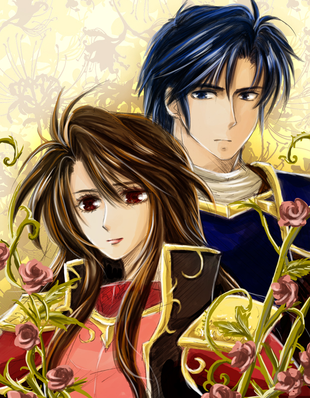 dreamsaga, samson (fire emblem), sheena (fire emblem), fire emblem, fire emblem: mystery of the emblem, nintendo, commentary request, 1boy, 1girl, armor, blue armor, blue eyes, blue hair, brown hair, floral background, flower, looking at another, pauldrons, pink armor, red eyes, red flower, red rose, rose, shoulder armor, upper body