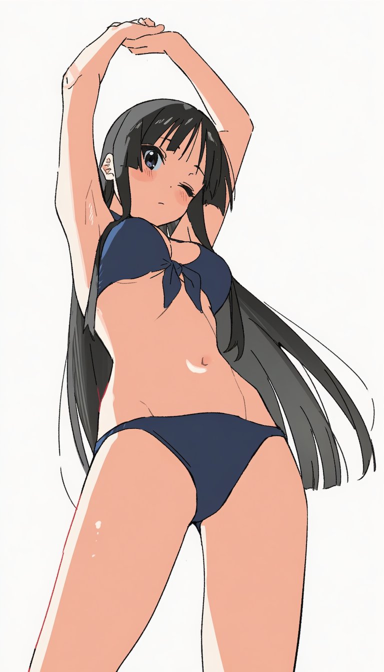 akiyama mio, k-on!, highres, 1girl, arms up, b0000gie, bikini, black bikini, black eyes, black hair, blunt bangs, breasts, from below, front-tie bikini top, front-tie top, long hair, looking at viewer, medium breasts, one eye closed, simple background, solo, standing, stretching, swimsuit, white background