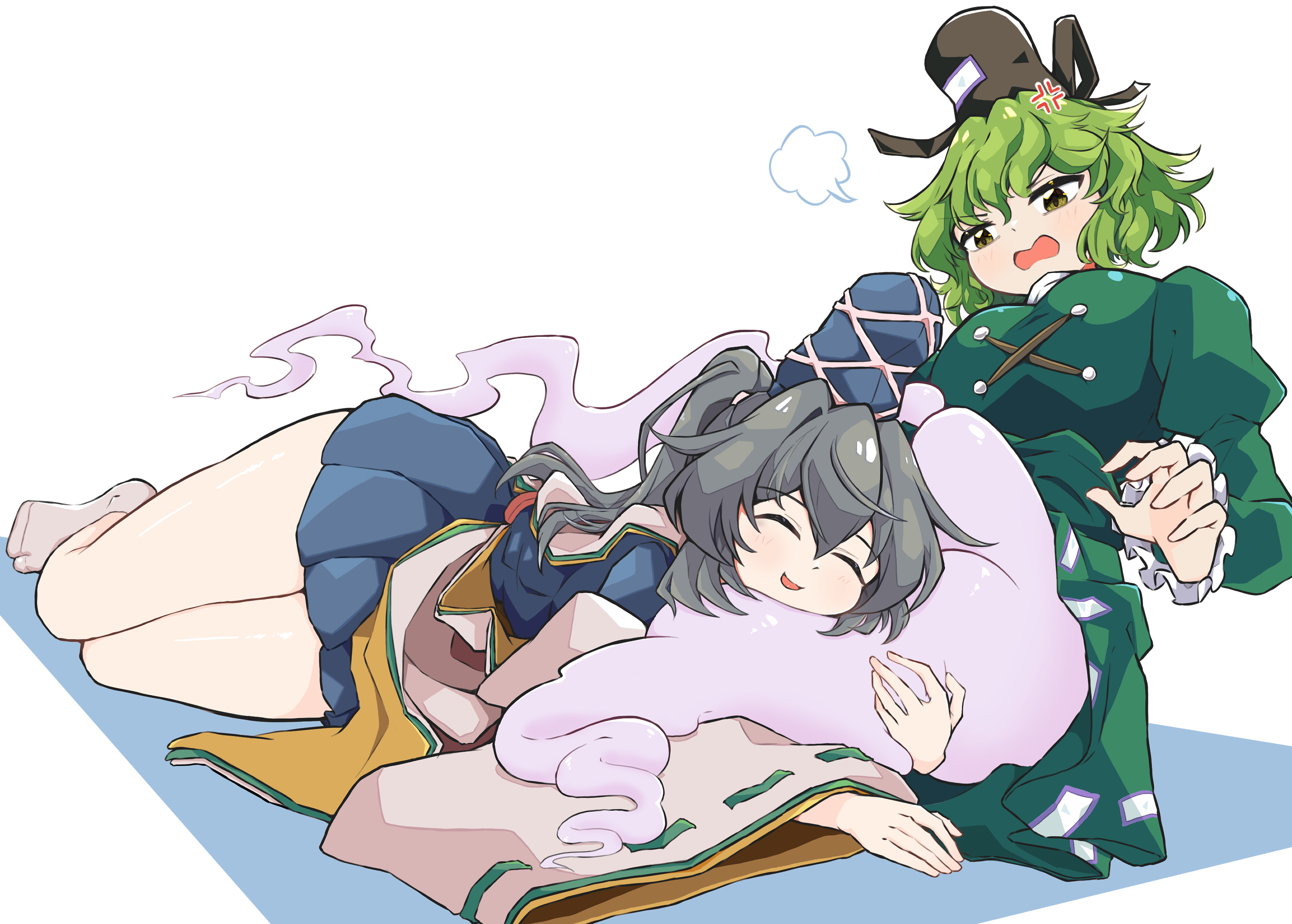 gurajio, mononobe no futo, soga no tojiko, touhou, absurdres, commentary request, highres, 2girls, anger vein, black hat, blue hat, blue skirt, breasts, closed eyes, dress, full body, ghost tail, green dress, green eyes, green hair, grey hair, hat, hat ribbon, hug, legs, multiple girls, ofuda, ofuda on clothes, puff of air, ribbon, ribbon-trimmed sleeves, ribbon trim, short hair, skirt, tate eboshi, wide sleeves