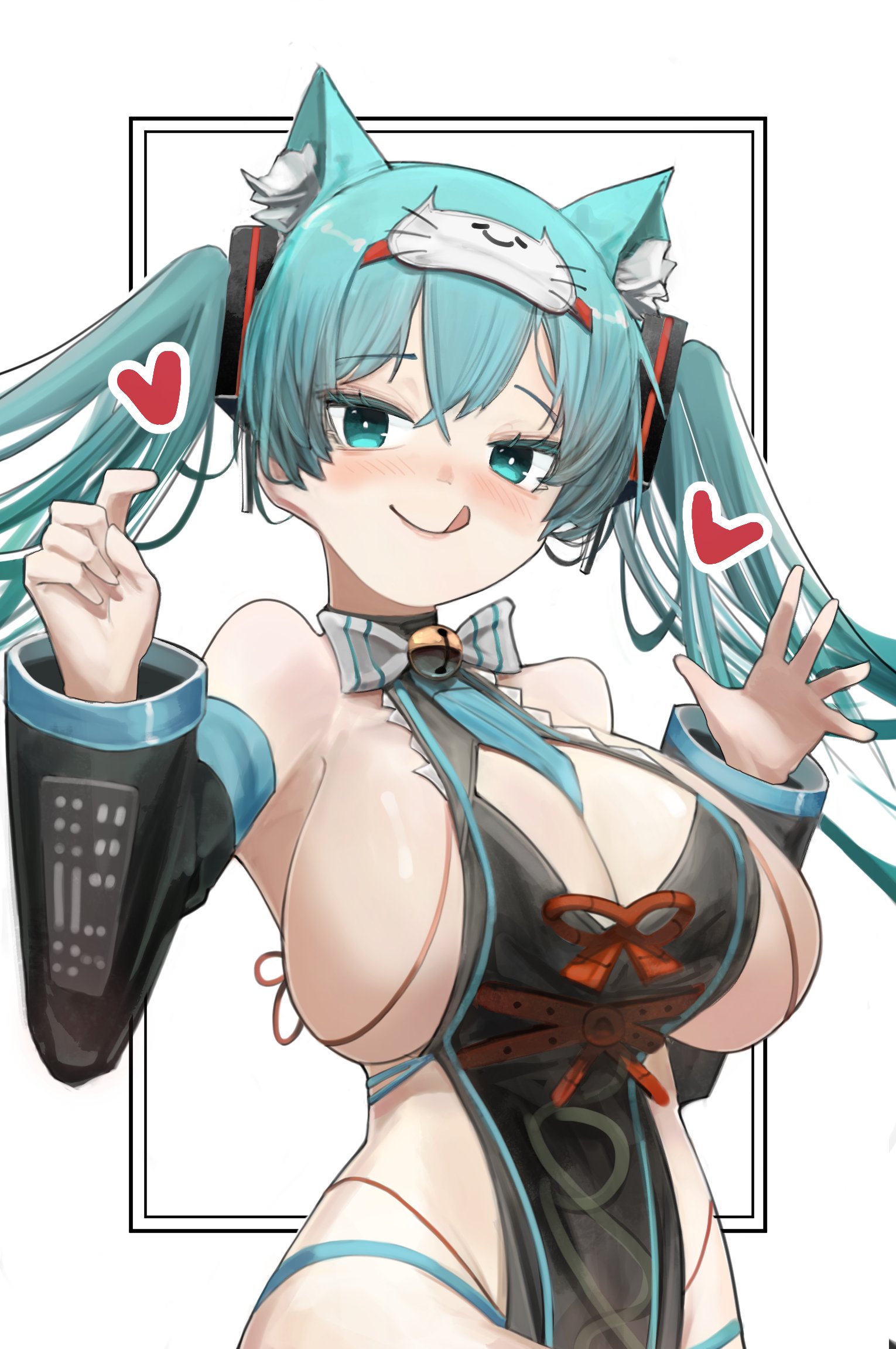 hatsune miku, vocaloid, commentary, highres, 1girl, :q, animal ear fluff, animal ears, aqua eyes, aqua hair, bell, between breasts, bow, bowtie, breasts, cat ears, cat girl, cleavage, detached sleeves, heart, huge breasts, long hair, looking at viewer, naked tabard, neck bell, simple background, solo, tabard, tongue, tongue out, upper body, white background, white bow, white bowtie, yuyu190