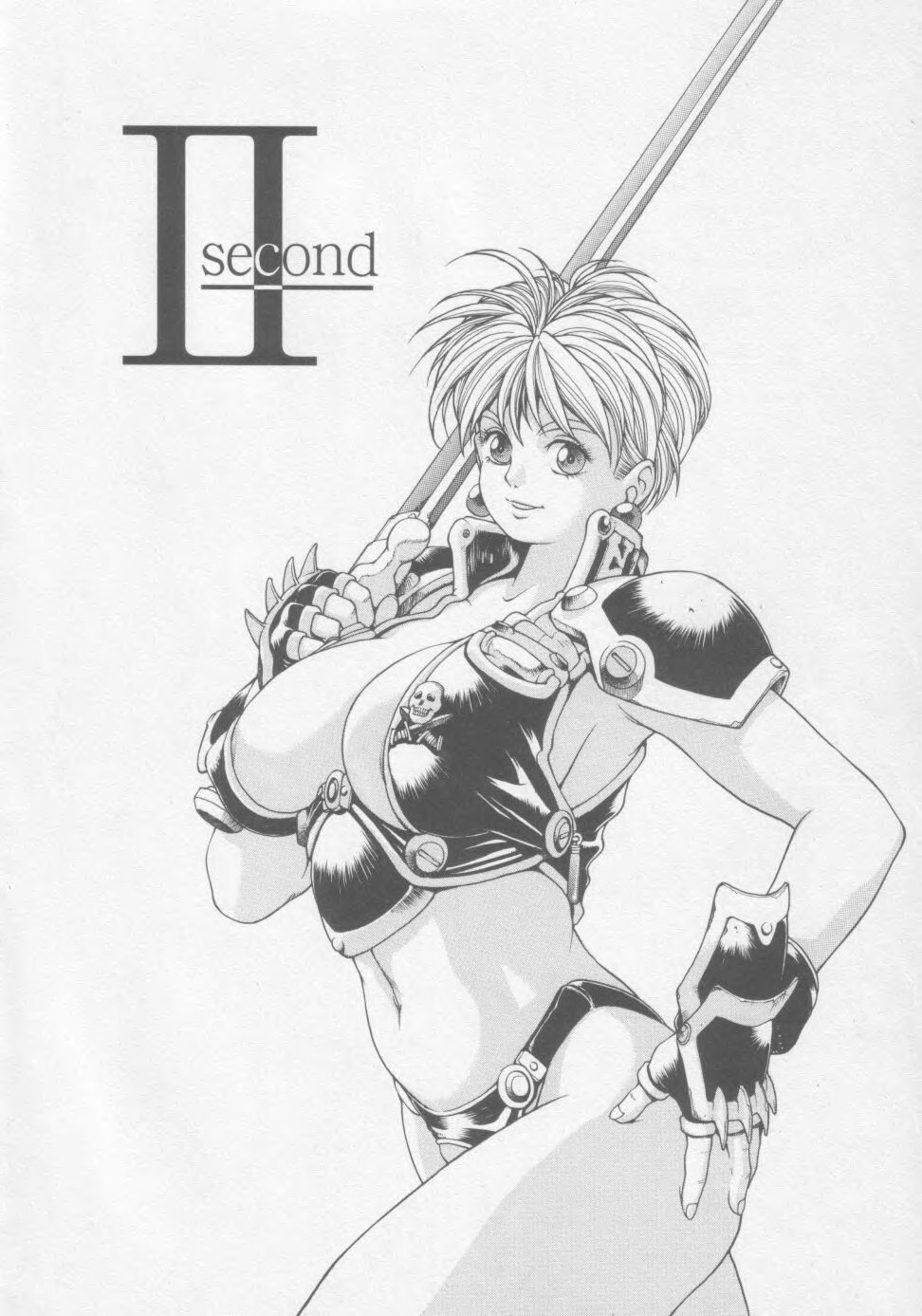 youhei kozou, phaia, spunky knight, highres, 1girl, areola slip, armor, bikini armor, breasts, earrings, female focus, fingerless gloves, gloves, huge breasts, jewelry, jolly roger, knight, large breasts, looking at viewer, monochrome, no bra, revealing clothes, short hair, skull and crossed swords, solo, sword, weapon