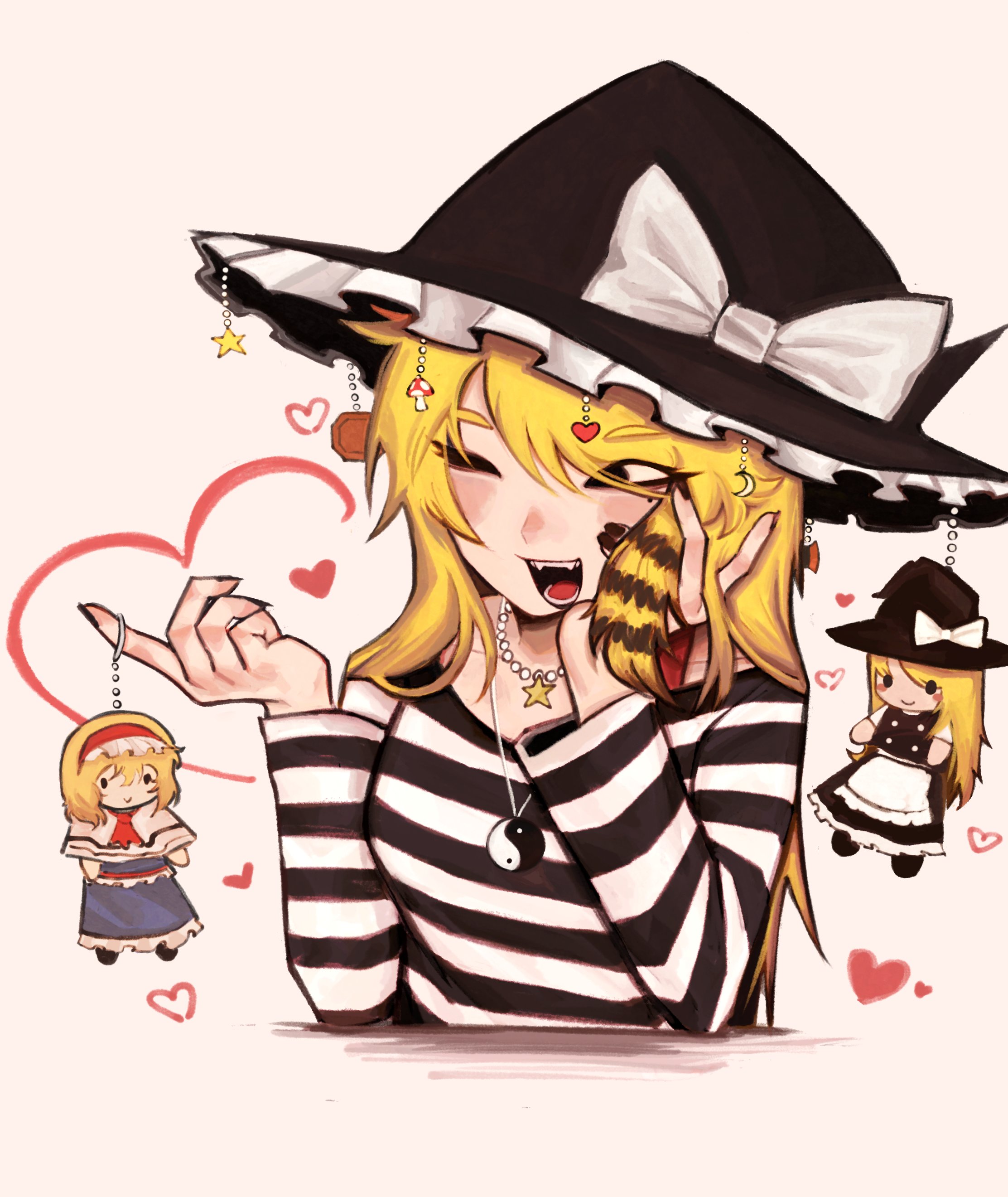 vanima viii, alice margatroid, kirisame marisa, touhou, absurdres, highres, 1girl, alternate costume, black hat, bow, hand in own hair, hat, hat bow, heart, jewelry, long sleeves, one eye closed, open mouth, orb, pendant, shirt, simple background, star (symbol), striped clothes, striped shirt, white background, white bow, witch hat, yin yang, yin yang orb
