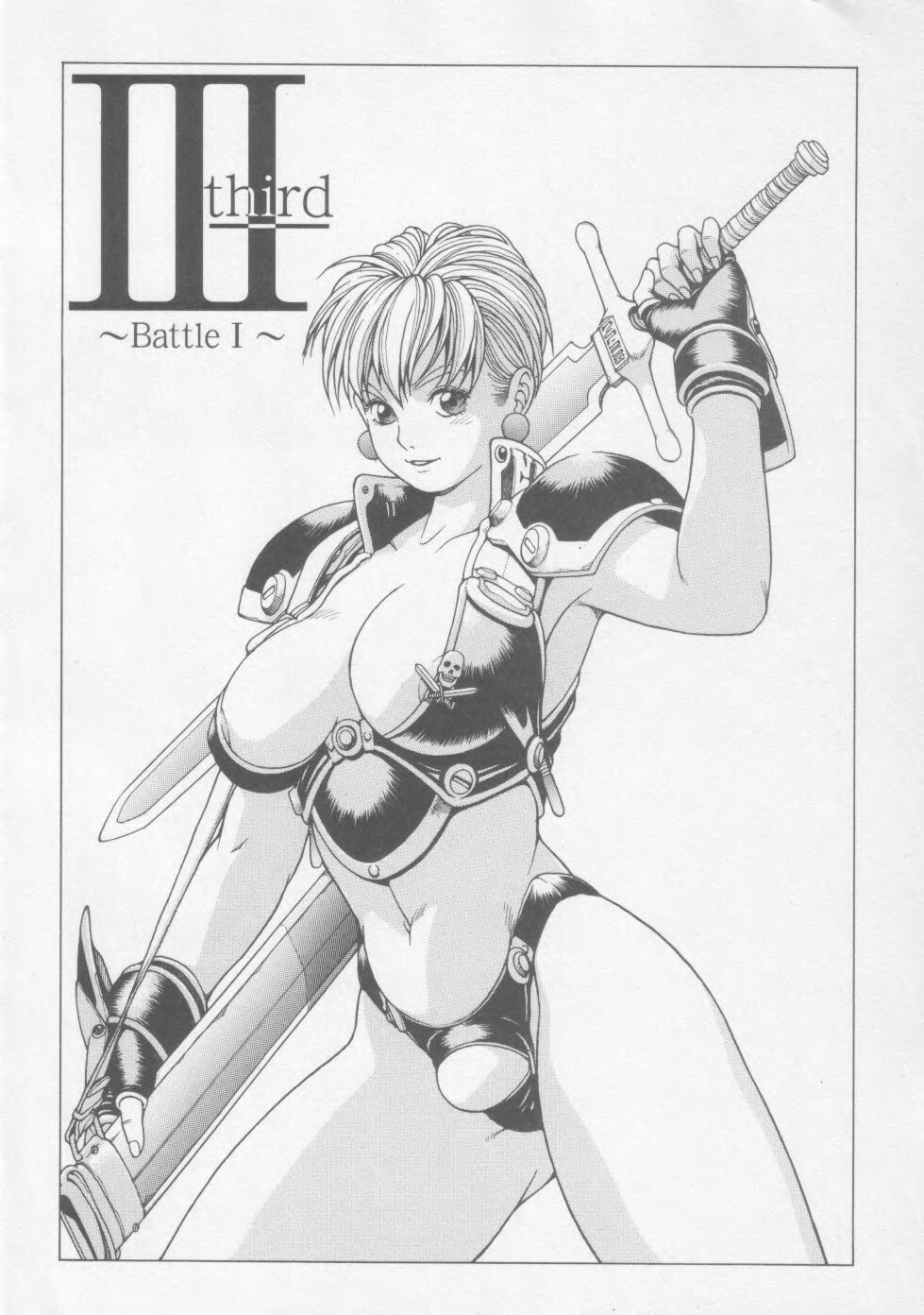 youhei kozou, phaia, spunky knight, highres, 1girl, areola slip, armor, bikini armor, breasts, earrings, female focus, fingerless gloves, gloves, huge breasts, jewelry, jolly roger, knight, large breasts, looking at viewer, monochrome, no bra, revealing clothes, short hair, skull and crossed swords, solo, sword, weapon