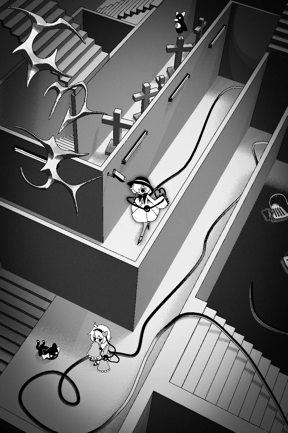 cocokana, kaenbyou rin, kaenbyou rin (cat), komeiji koishi, reiuji utsuho, reiuji utsuho (bird), touhou, commentary, english commentary, highres, 2girls, bird, cat, chair, greyscale, hairband, hat, monochrome, multiple girls, stairs, third eye, tombstone, wide shot