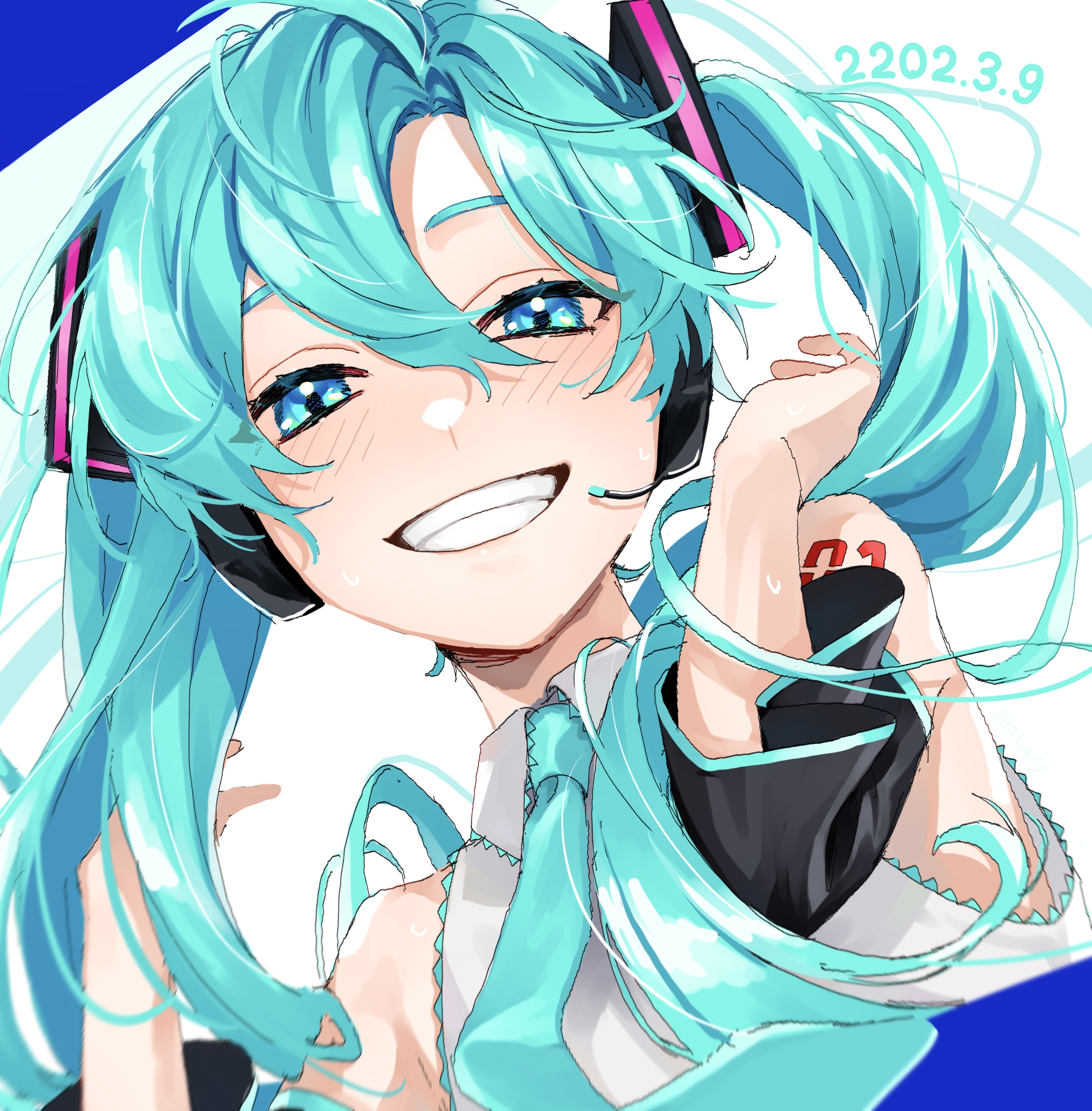 unishuri, hatsune miku, vocaloid, absurdres, commentary request, highres, 1girl, :d, aqua hair, aqua necktie, arm tattoo, blue eyes, blush, collared shirt, dated, grin, hair between eyes, headset, long hair, looking at viewer, miku day, necktie, number tattoo, open mouth, shirt, sleeveless, sleeveless shirt, smile, solo, sweat, tattoo, teeth, twintails, very long hair, white shirt