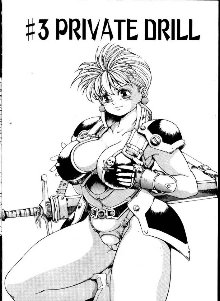 youhei kozou, phaia, spunky knight, scan, 1girl, armor, bikini armor, breasts, covered erect nipples, earrings, female focus, fingerless gloves, gloves, huge breasts, jewelry, jolly roger, knight, large breasts, looking at viewer, monochrome, revealing clothes, short hair, skull and crossed swords, solo, sword, weapon
