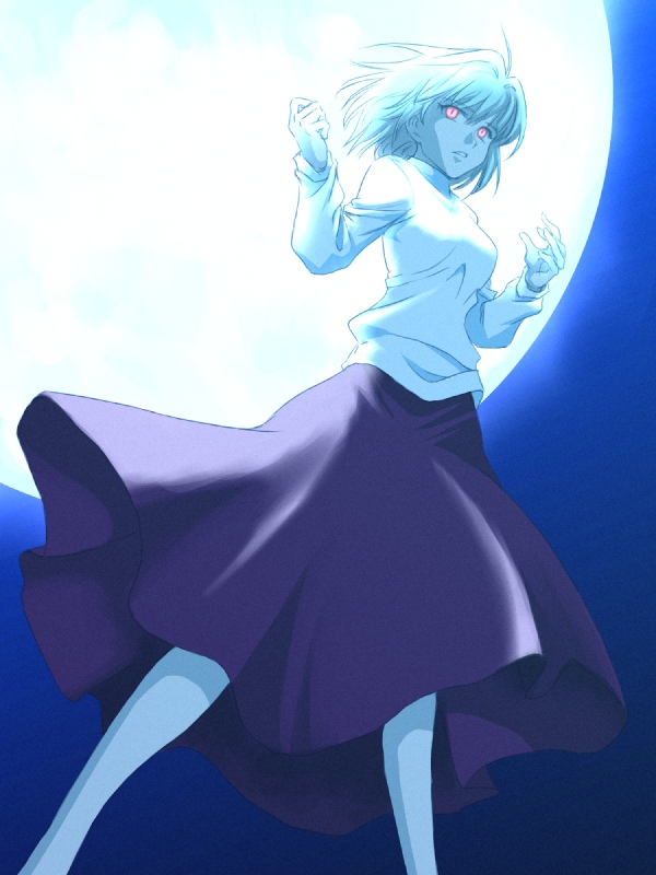 funnyari, arcueid brunestud, tsukihime, type-moon, bad id, bad pixiv id, 00s, 1girl, blonde hair, feet out of frame, female focus, full moon, glowing, glowing eyes, long skirt, moon, purple skirt, red eyes, short hair, skirt, solo, sweater, turtleneck