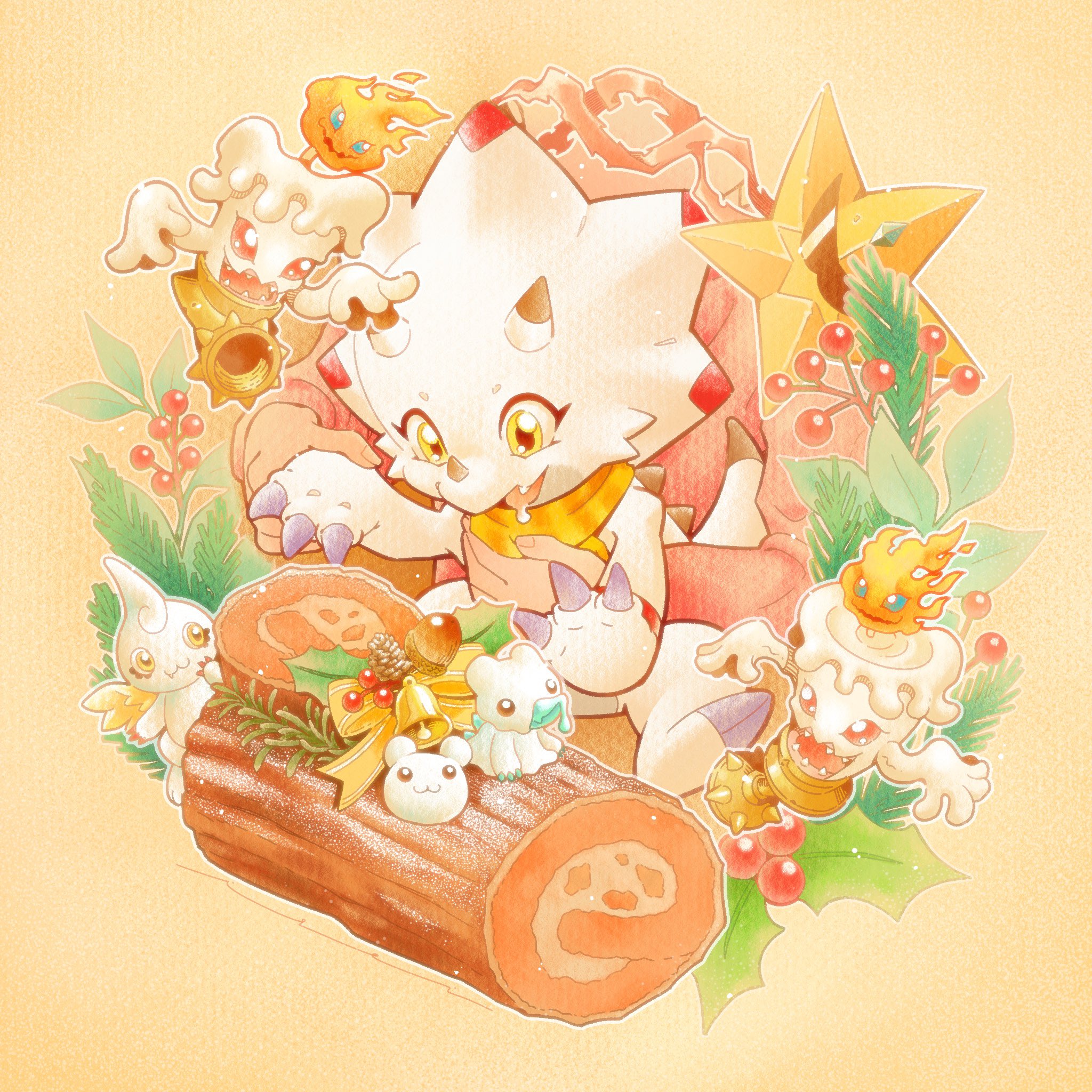 isei0212, candmon, cupimon, gammamon, hiyarimon, starmon (digimon xros wars), yukimibotamon, digimon, commentary request, highres, bracelet, christmas ornaments, creature, digimon (creature), drooling, hand on another's hand, holding, holding creature, holly, jewelry, out of frame, scarf, simple background, striped clothes, striped scarf, yule log (cake)