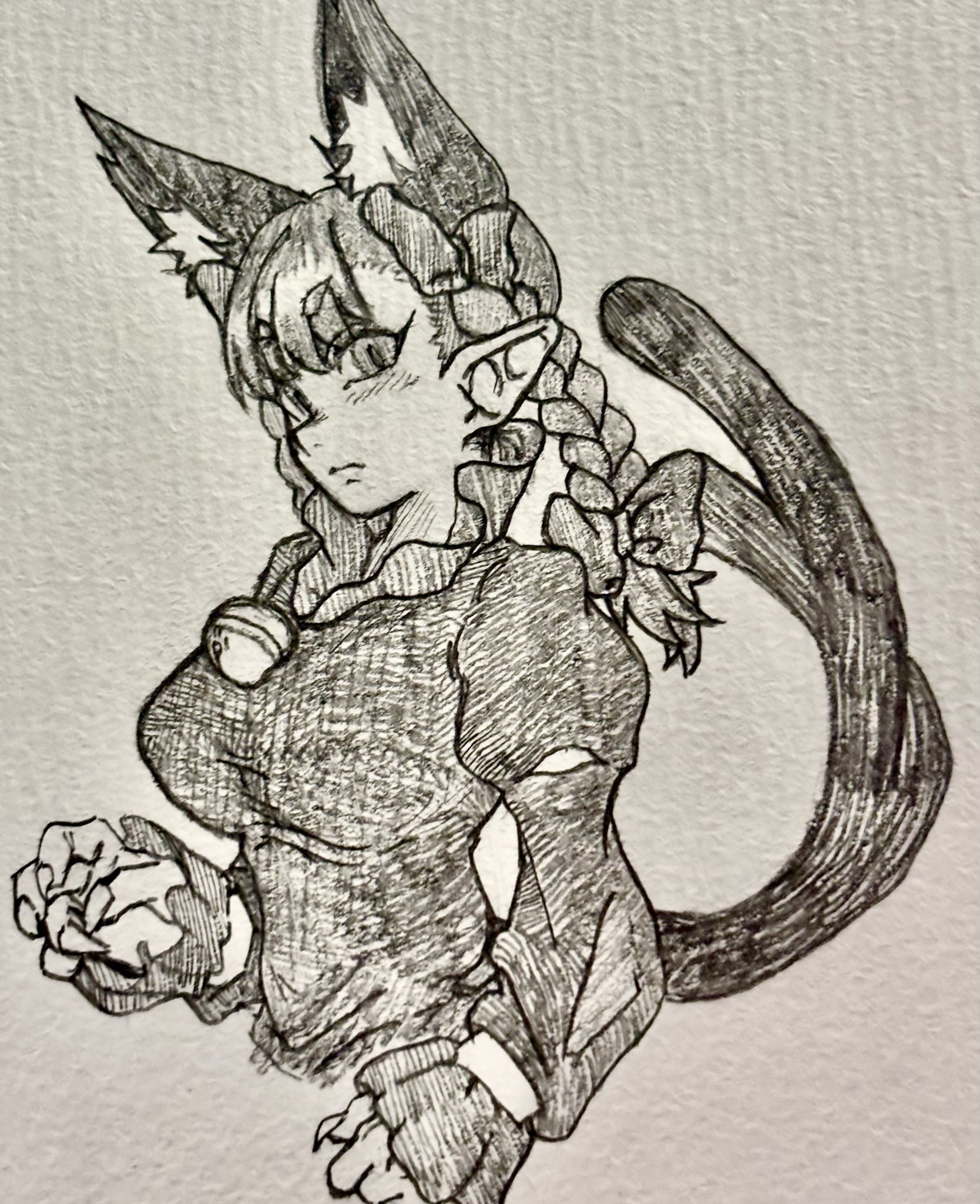 tenkatorouze, kaenbyou rin, touhou, commentary request, highres, traditional media, 1girl, animal ears, bell, breasts, cat ears, cat girl, cat tail, closed mouth, extra ears, greyscale, juliet sleeves, long sleeves, looking at viewer, monochrome, multiple tails, neck bell, pointy ears, puffy sleeves, solo, tail, two tails, upper body