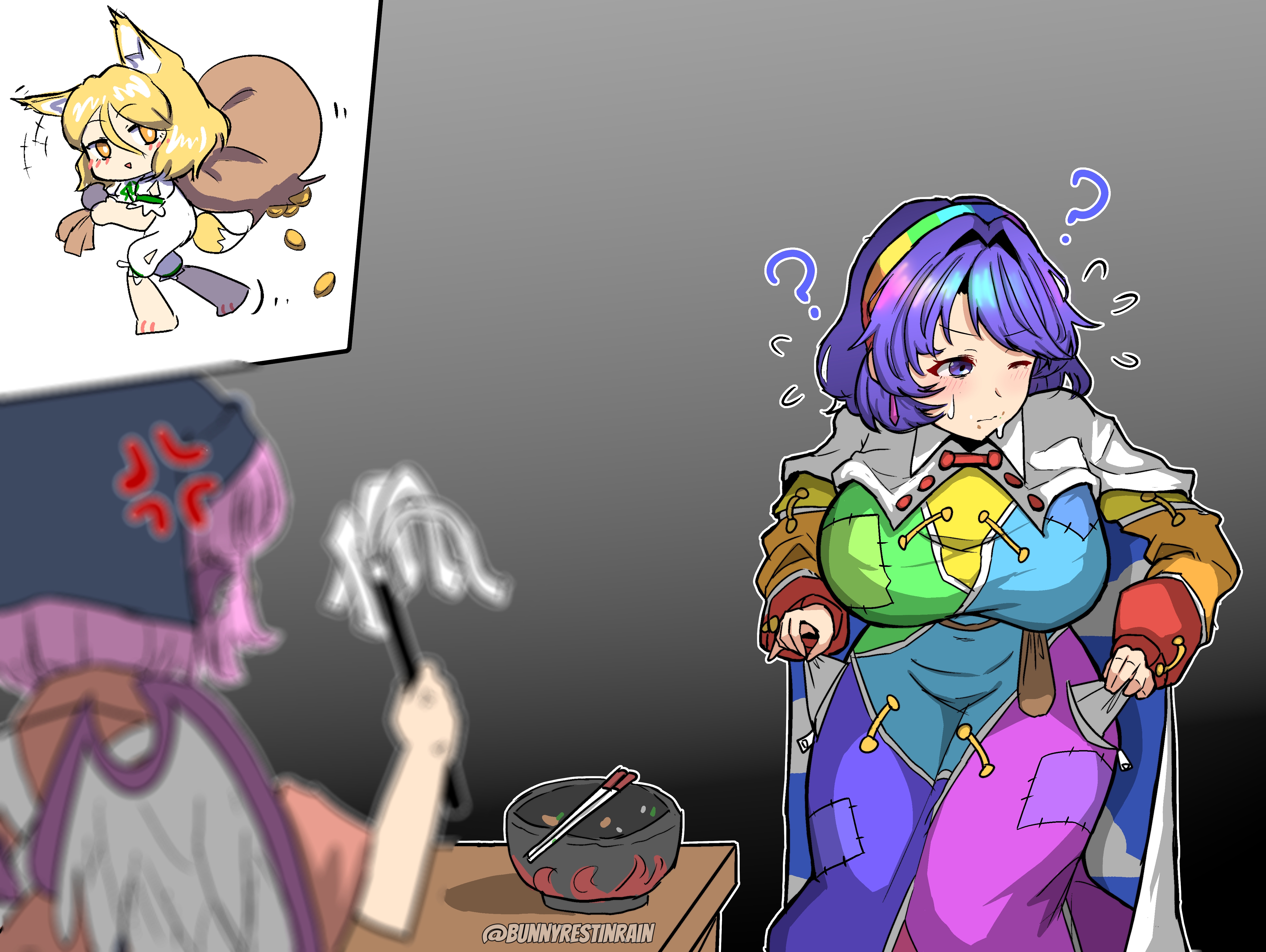 sleepymoon, kudamaki tsukasa, mystia lorelei, okamisty, tenkyuu chimata, touhou, absurdres, commentary request, highres, 3girls, ?, anger vein, animal ears, bag, blonde hair, blue hair, blurry, bowl, breasts, coin, depth of field, fox ears, fox girl, gradient background, grey background, hair intakes, large breasts, multiple girls, patchwork clothes, sack, short hair, wings