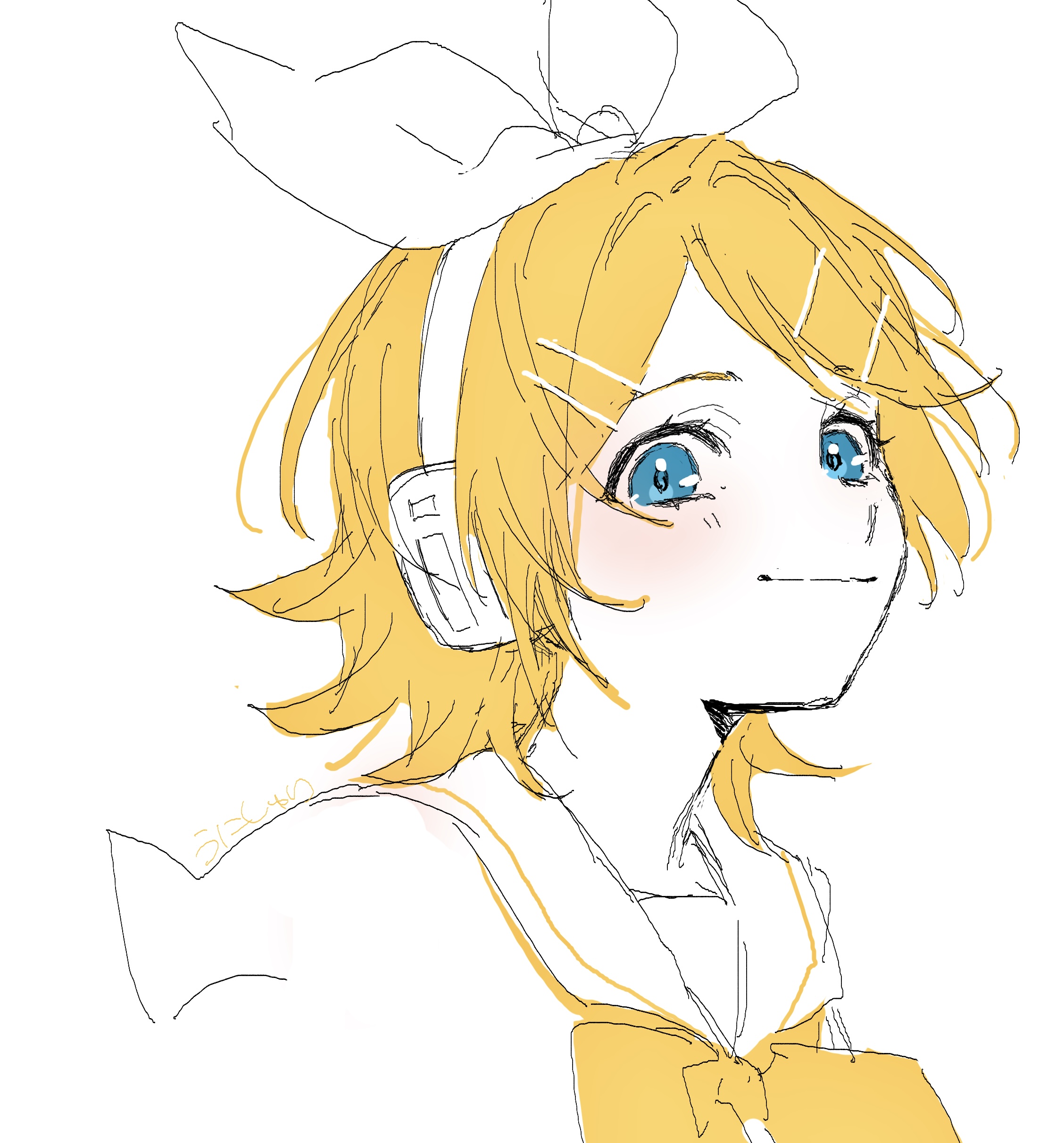 unishuri, kagamine rin, vocaloid, absurdres, commentary request, highres, 1girl, artist name, blonde hair, blue eyes, blush, bow, closed mouth, hair bow, looking at viewer, medium hair, neckerchief, sailor collar, sketch, smile, solo, white bow, yellow neckerchief