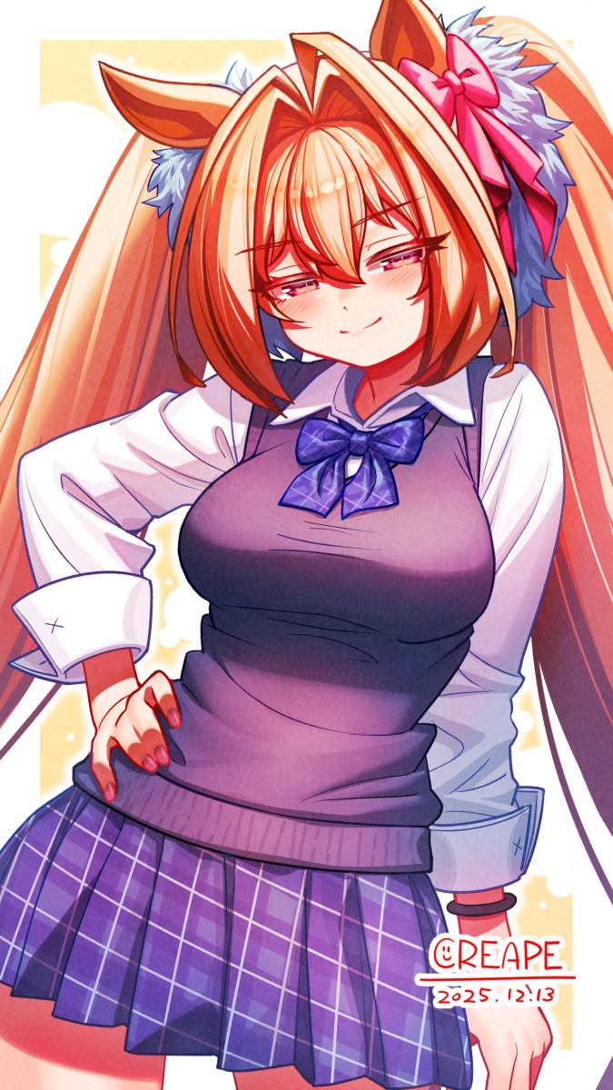 blue blue, creape, daiwa scarlet (umamusume), umamusume, commentary request, highres, 1girl, animal ears, blue skirt, blue sweater vest, blush, bow, breasts, brown hair, closed mouth, collared shirt, ear bow, hair between eyes, hair intakes, horse ears, horse girl, large breasts, long hair, long sleeves, looking at viewer, pink bow, pleated skirt, red eyes, school uniform, shirt, skirt, smile, solo, sweater vest, twintails, very long hair, white shirt