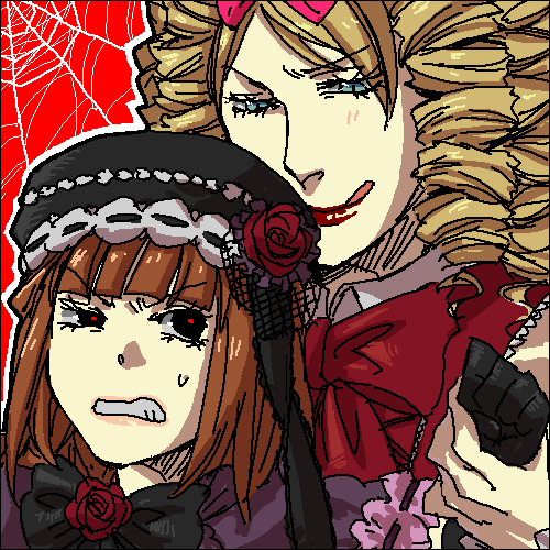 elina kuroe no daarin, eva beatrice, gaap (umineko), ushiromiya eva, umineko no naku koro ni, bad id, bad pixiv id, lowres, 00s, 2girls, angry, blue eyes, blunt bangs, bow, drill hair, flower, hat, lipstick, makeup, multiple girls, parted bangs, red lips, rose, short hair, silk, spider web, sweatdrop, tongue, tongue out