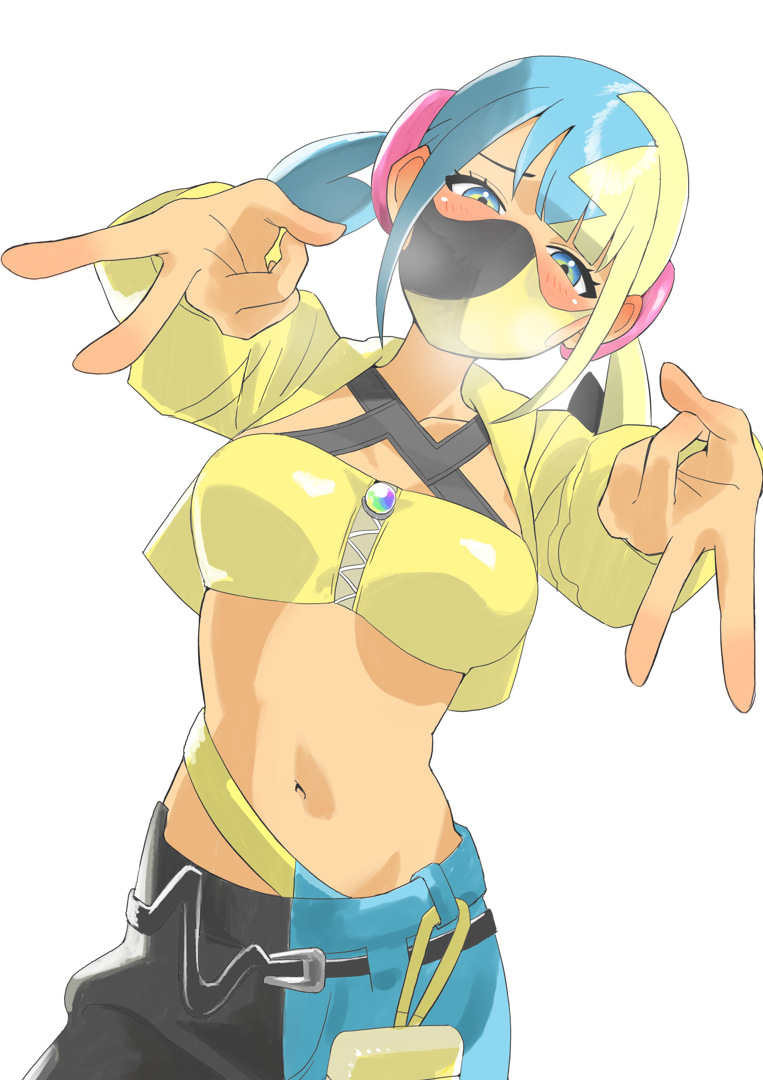 matsuokalive10, canari (pokemon), nintendo, pokemon, pokemon legends: z-a, absurdres, commentary request, highres, 1girl, bandeau, belt, black belt, blue eyes, breath, collarbone, double inward v, eyelashes, jacket, long sleeves, looking at viewer, mask, mouth mask, multicolored hair, navel, open clothes, open jacket, pants, simple background, solo, white background, yellow bandeau, yellow jacket, zipper, zipper pull tab