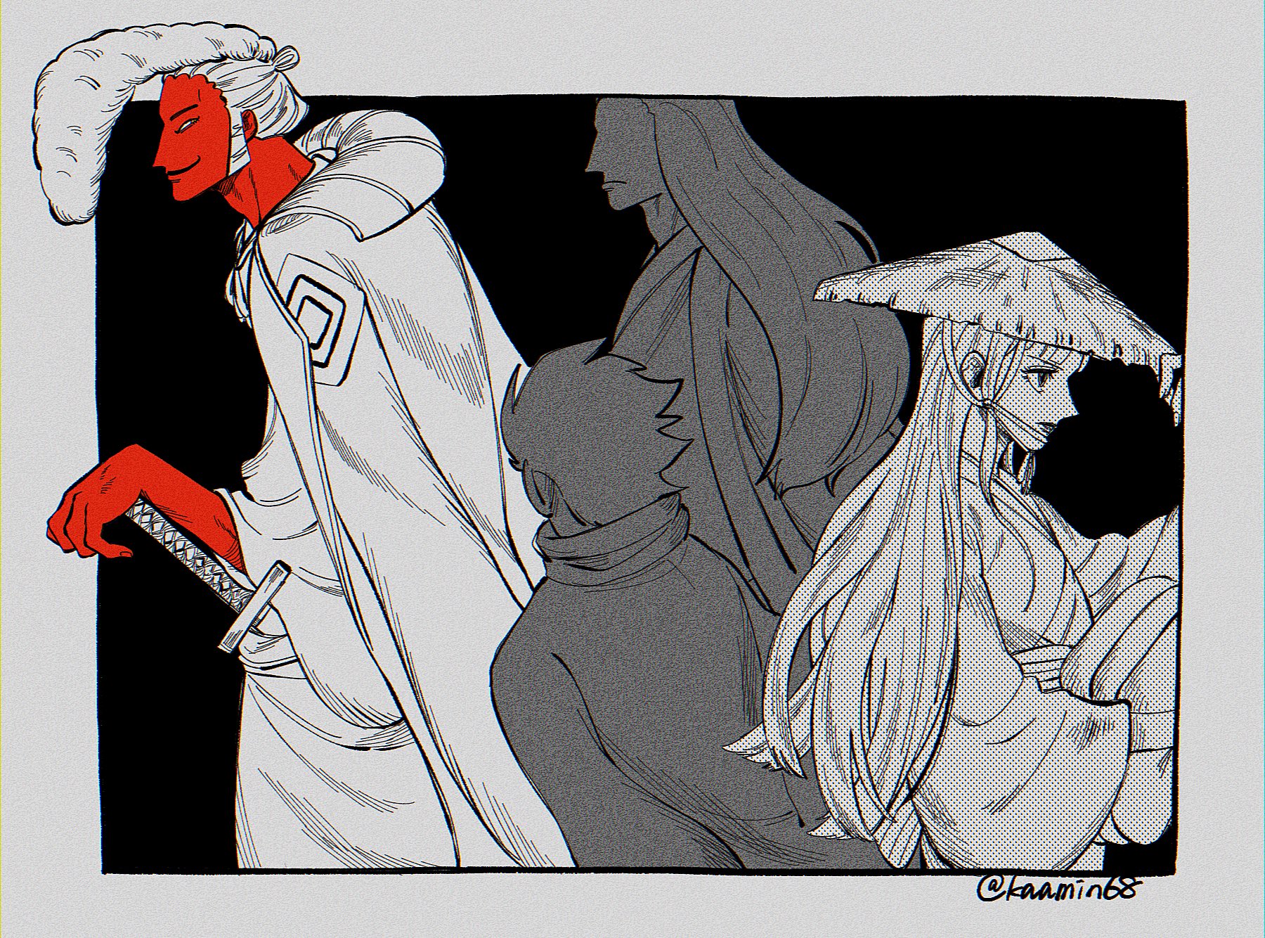 larugo0513, denjirou (one piece), kikunojo (one piece), one piece, commentary request, highres, 4boys, coat, colored skin, greyscale, hat, japanese clothes, kimono, long hair, male focus, monochrome, multiple boys, pompadour, profile, red skin, sideburns, smile, spot color, sword, twitter username, weapon, wide sleeves