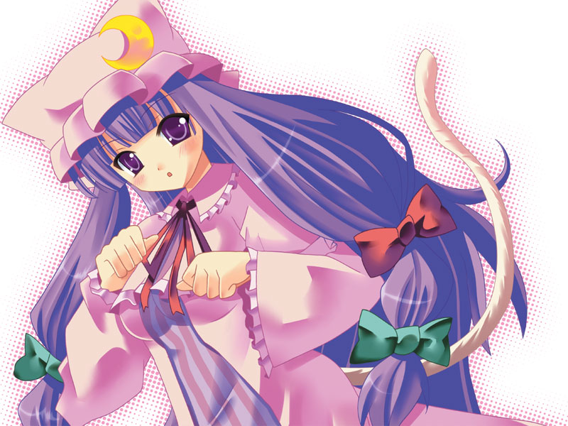 iroha tooko, patchouli knowledge, touhou, 1girl, animal ears, cat ears, cat girl, cat tail, female focus, hat, kemonomimi mode, long hair, purple eyes, purple hair, ribbon, solo, tail, white background