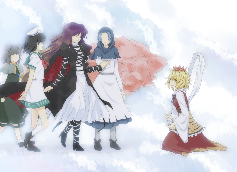 shinburu, hijiri byakuren, kumoi ichirin, murasa minamitsu, nazrin, toramaru shou, unzan, touhou, 5girls, animal ears, black hair, blonde hair, blue hair, cape, cloud, dress, gradient hair, grey hair, hair ornament, hat, high heels, hood, jewelry, kneeling, long hair, mouse ears, multicolored hair, multiple girls, pendant, sailor, sailor collar, sailor hat, shoes, short hair