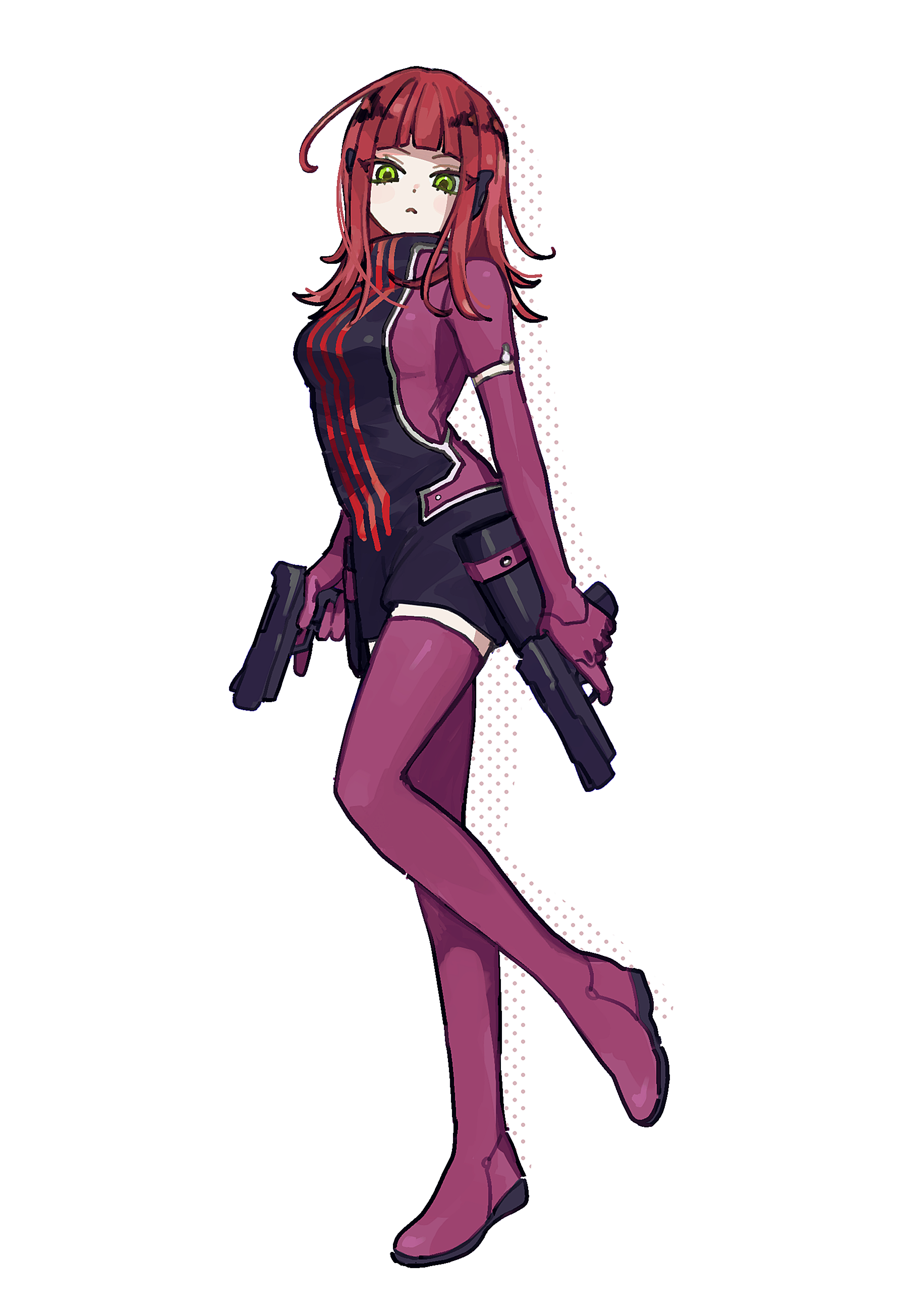 katori youko, world trigger, absurdres, commentary, highres, 1girl, boots, breasts, dual wielding, elbow gloves, full body, gloves, green eyes, gun, headphones, heattech leotard, holding, holding gun, holding weapon, jacket, katori squad's uniform, leotard, medium breasts, purple boots, purple gloves, purple jacket, purple thighhighs, red hair, solo, t0r4 x3, thighhighs, turtleneck, weapon, white background