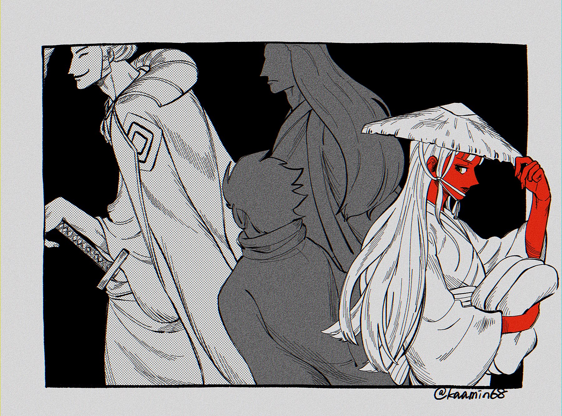 larugo0513, denjirou (one piece), kikunojo (one piece), one piece, commentary request, highres, 4boys, blunt bangs, coat, colored skin, hat, long hair, male focus, multiple boys, profile, red skin, sash, sideburns, spot color, twitter username, wide sleeves