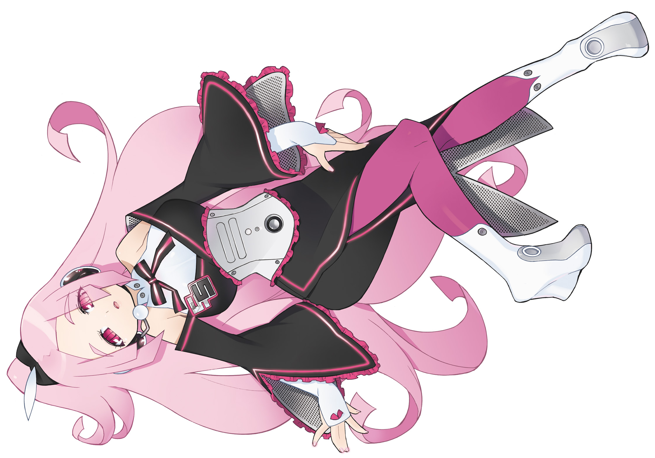 akatsuki gomoku, macne coco, apple inc., macne series, highres, 1girl, blunt bangs, boots, female focus, frills, headset, hime cut, long hair, lying, macintosh, on back, pantyhose, pink eyes, pink hair, solo, very long hair